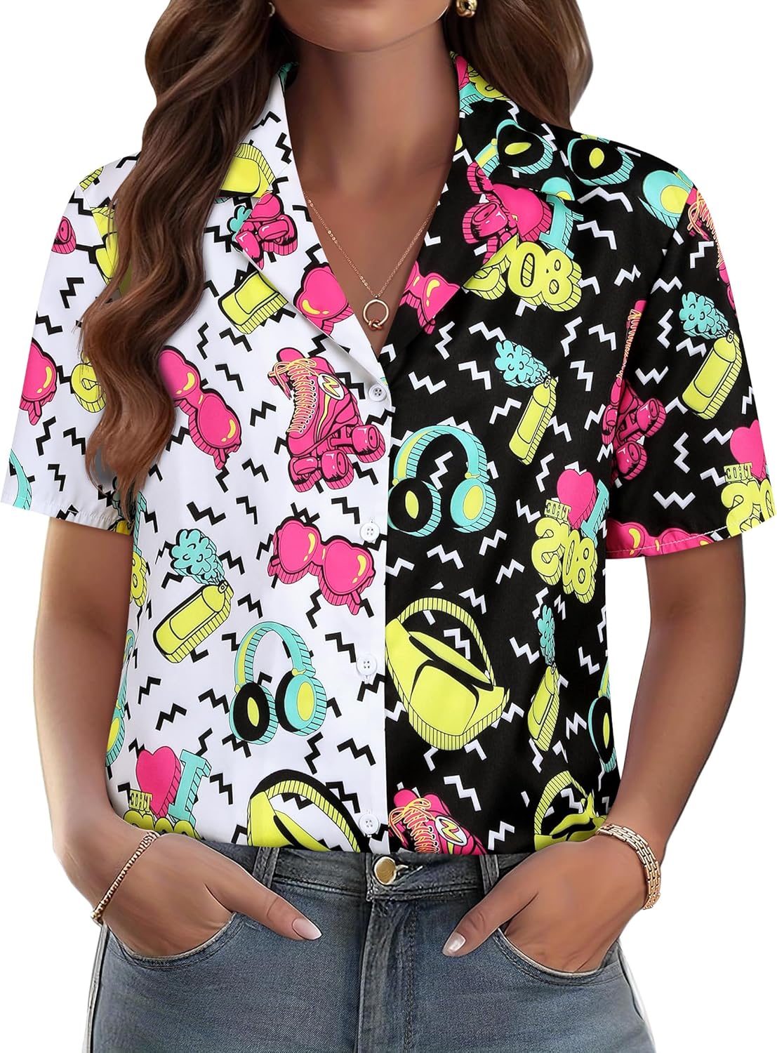 MYMORE 80s 90s Outfits for Women Retro 80's Print Short Sleeve Button Down Shirt Disco Party Hawaiian Shirts