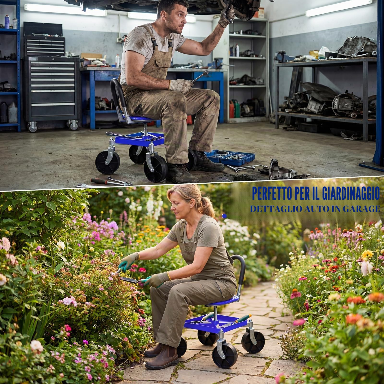 Sgabello da giardino con ruote da 150 kg - Sedile girevole a 360° e ruote, regolabile in altezza da 51-61 cm - Sgabello robusto per giardino e garage con guanti per diserbo, piantare e pulire l'auto