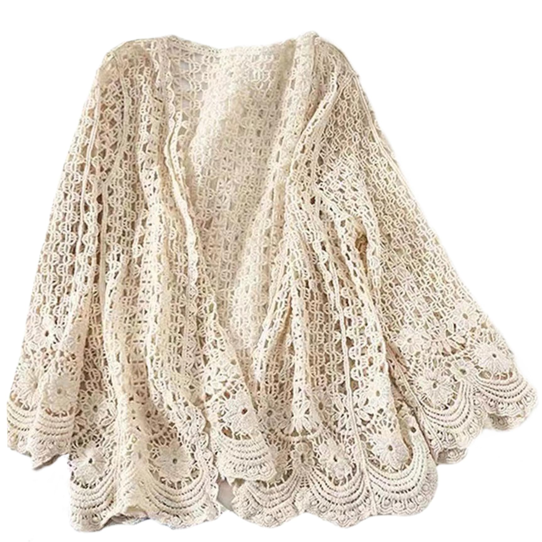 Wedhapy Summer Cardigan Summer Knits for Women Cotton Creamy White Long Sleeve Hollow Out Crochet Cardigans Boho Floral Spring Breathable Lace Crochet Kimono Cover-Up, Average Size