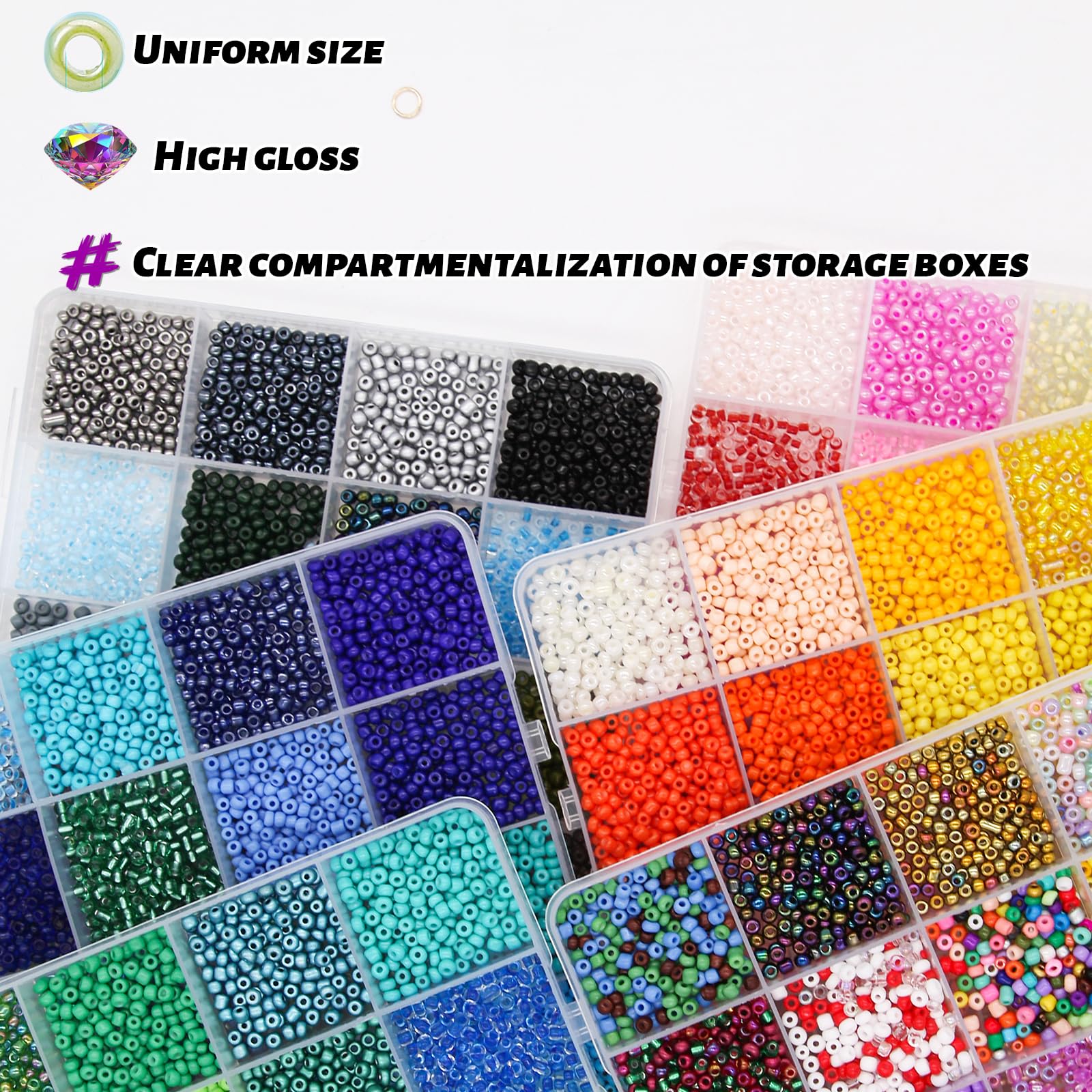 Kit de cuentas de cristal de 3 mm, cuentas de cintura pequeña 8/0 con pinzas elásticas para hacer joyas (144 colores)