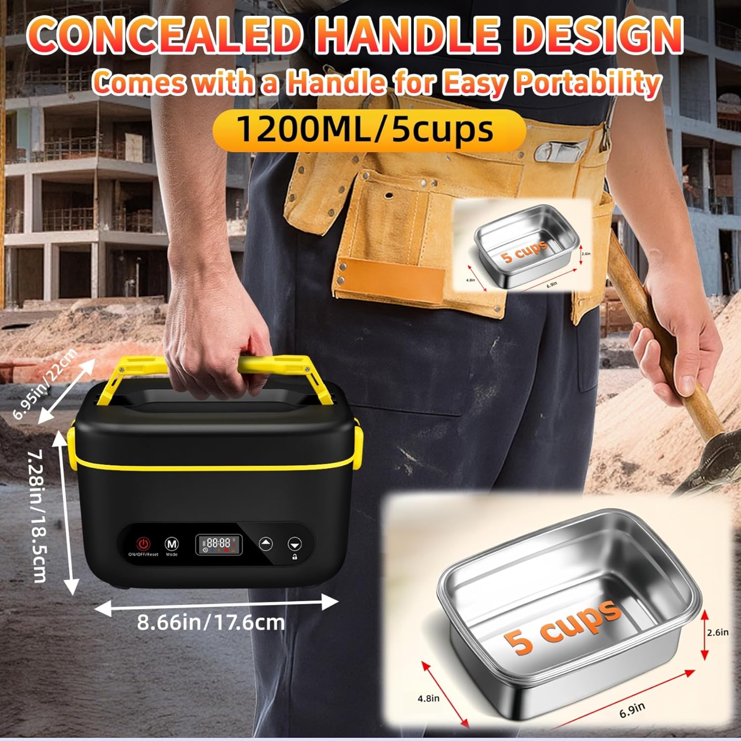 Cordless Electric Lunch Box,24000mAh Heated Lunch Box Battery Powered with Automatic Heating, 5Cups Portable Food Warmer,Multi-Mode Automatic Heating with an Insulated Bag and Utensils (Black) - Image 7