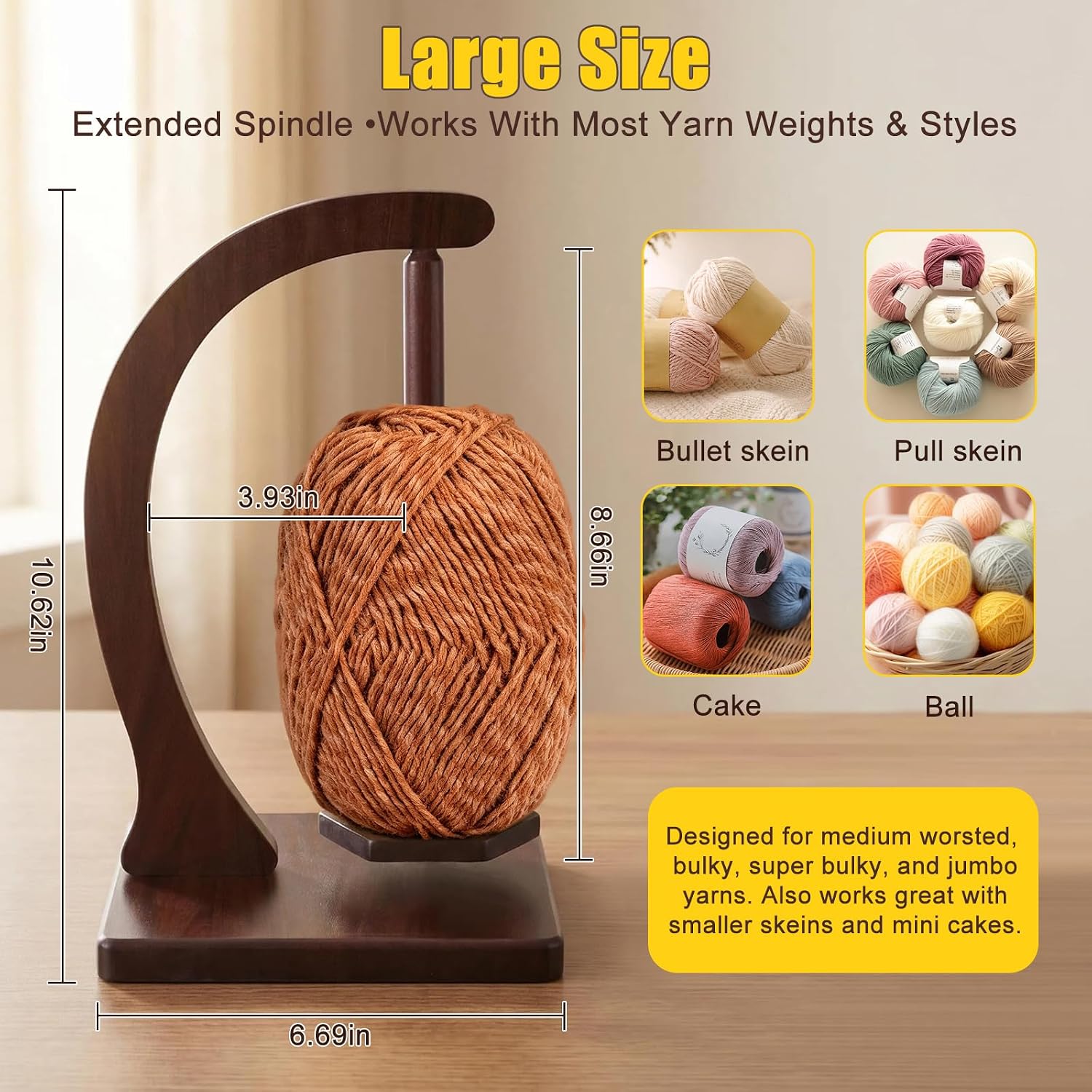 Aondbooe Wooden Yarn Holder, 360° Tangle-Free Rotating Yarn Spinner with Magnetic Spindle, 1.21lbs Load Capacity, Portable Knitting & Crocheting Accessories for Crocheters & Knitters