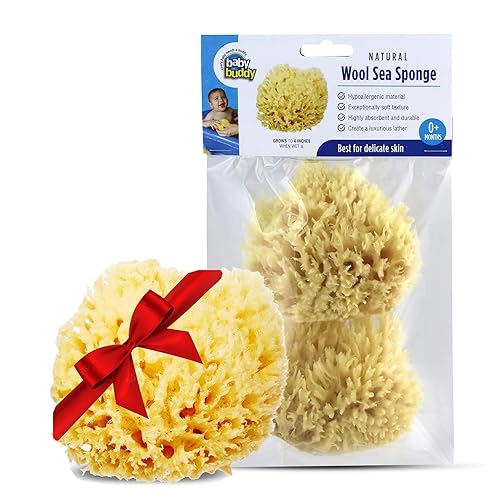 Baby Buddy Natural Wool Sea Sponge, Newborn Bath Time Essential, Ultra Soft for Delicate Skin, Hypoallergenic and Biodegradable, 2 Pack