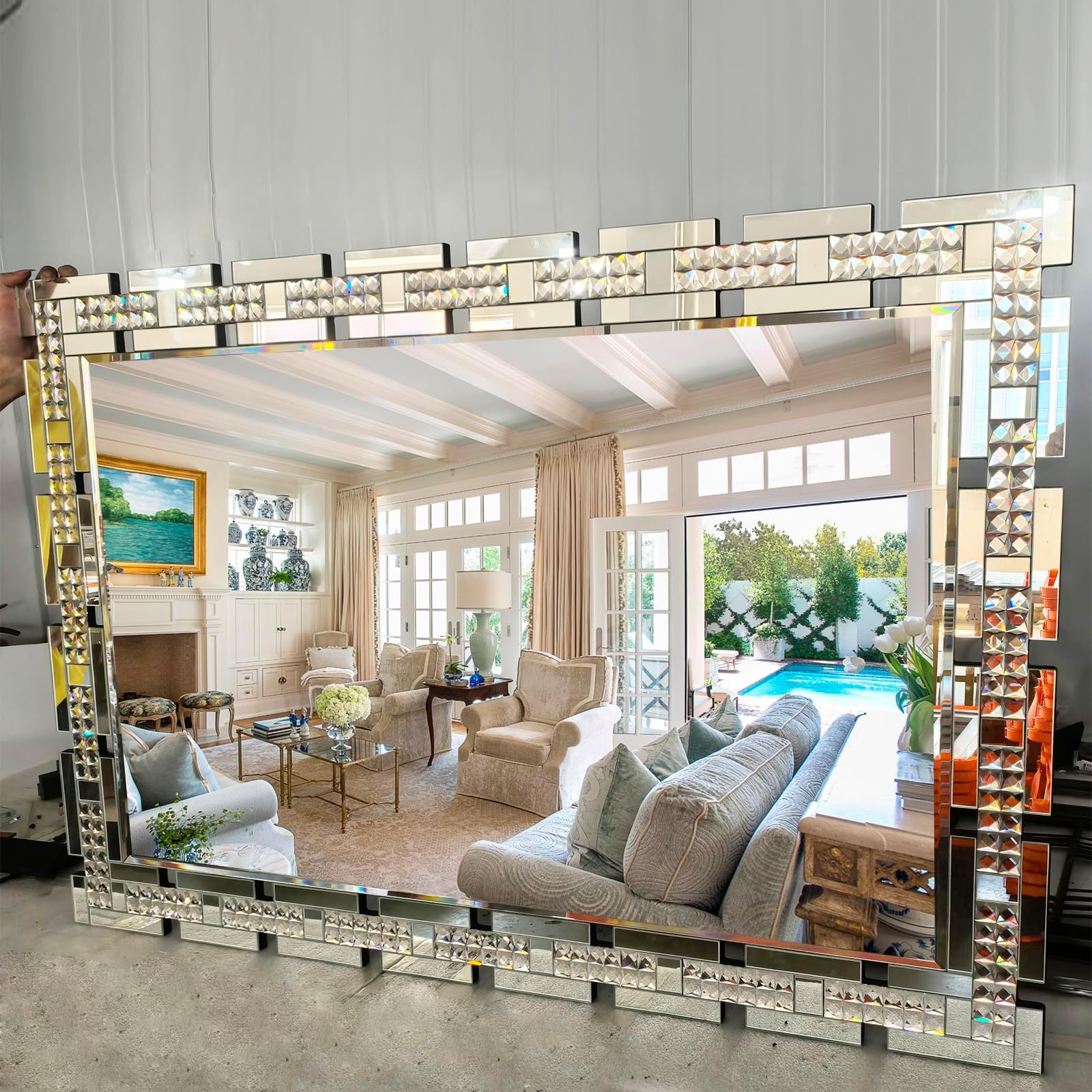 Chende 32" x 47" Large Wall Mirror for Decor, Living Room Decorative Mirror with Crystal, Beveled Edge and Glass Frame, Modern Rectangular Wall Decor Entrance, Fireplace, Home Office