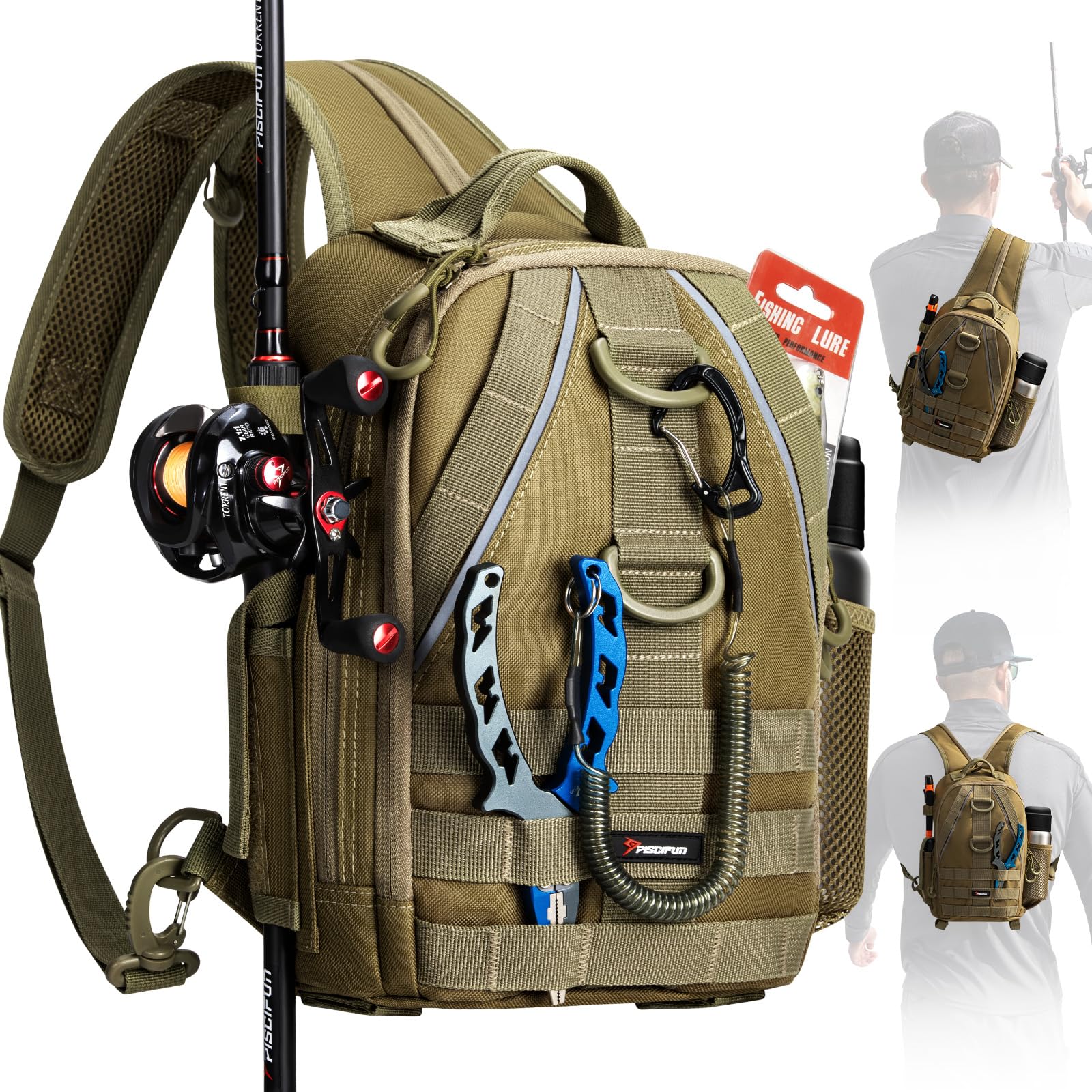 Piscifun Fishing Backpack, Rod Holders, Lightweight Sling Bag, Khaki