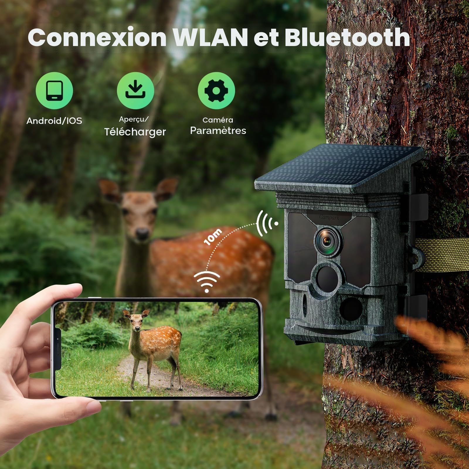 Caméra de Chasse WiFi Solaire 4K 30 i/s 46MP, Bluetooth, App | Déclenchement 0,1 s, détection 120°, vision nocturne 20 m et IP66 pour passages de gibier, agrainoirs et observation