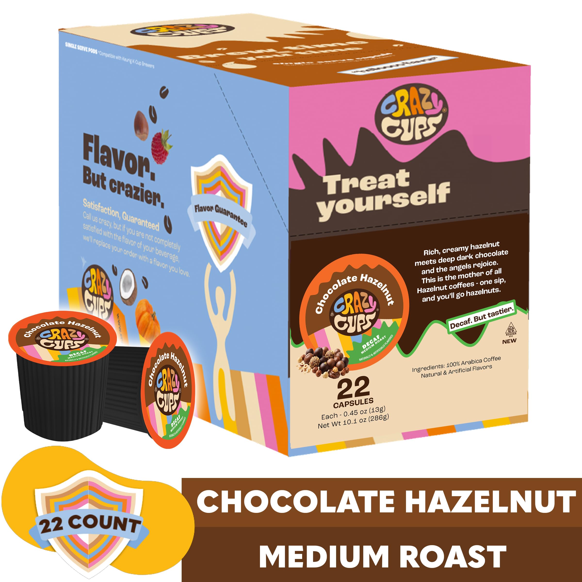 Crazy Cups Pastella decaffeinata e nocciola, cialde di caffè decaffeinate aromatizzate alla nocciola, caffè tostato caldo o freddo monodose per macchine Keurig K Cup, 22 pezzi