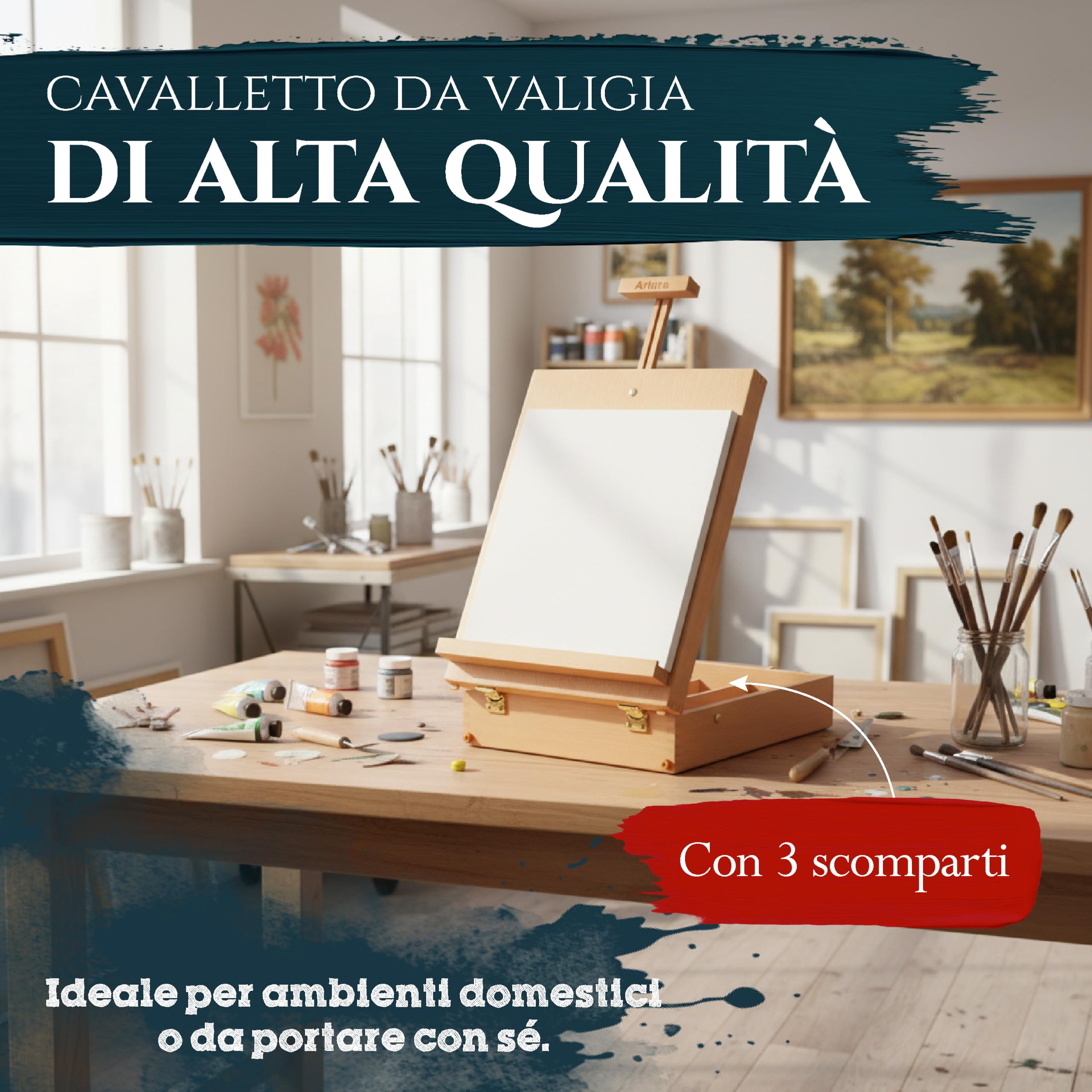 Artina Cavalletto professionale per pittura da tavolo con cassetta | a valigetta da studio o da campagna leggío supporto tele portatile e richiudibile integrata telaio regolabile Nancy