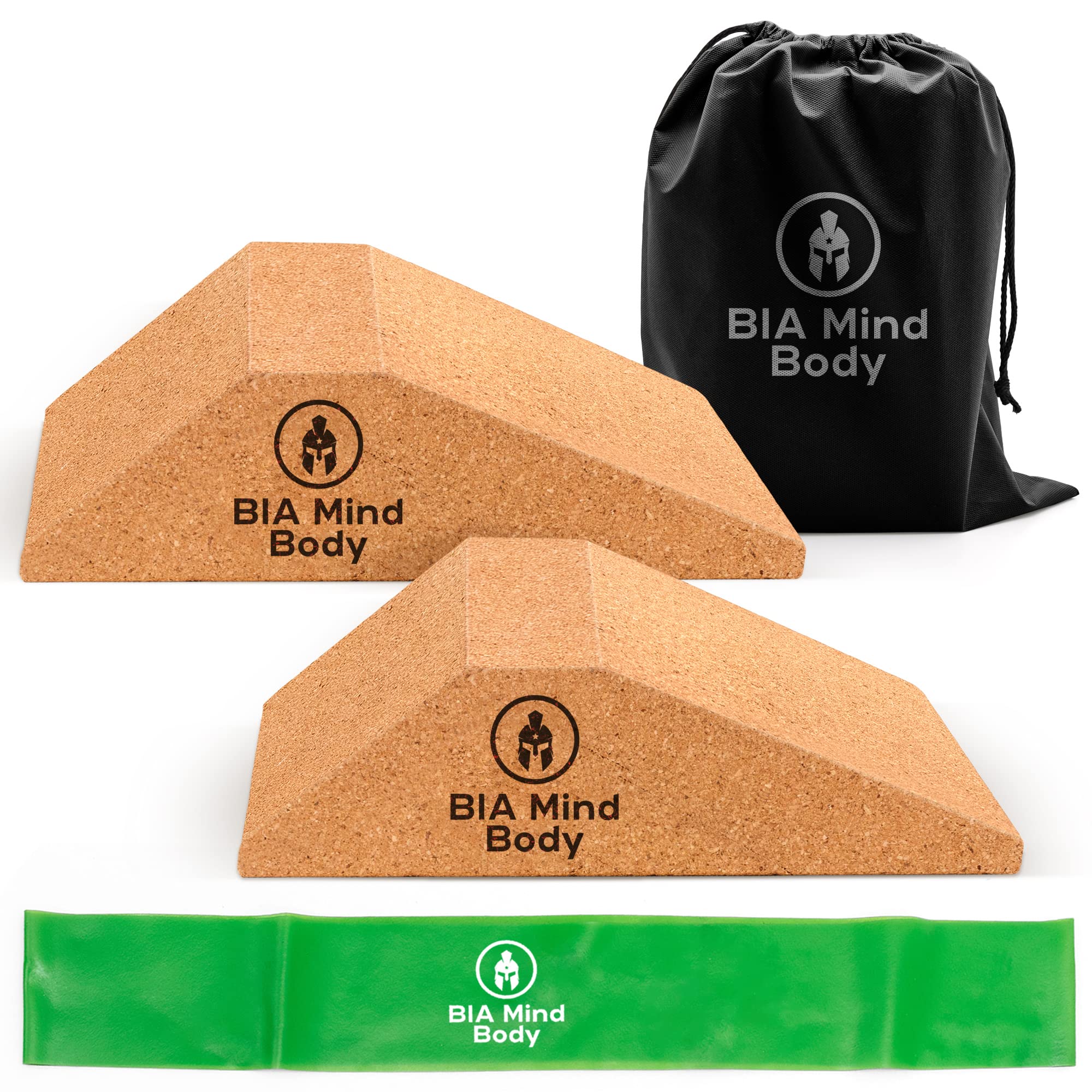 Cork Squat Wedge Block Set - 1 Pair - Portable Heel Elevated Squat Wedge Cork with Bonus Stretch Band - Non-Slip Slant Board for Squats - Versatile Calf Raise Block, Deadlift Blocks, and Yoga Wedge