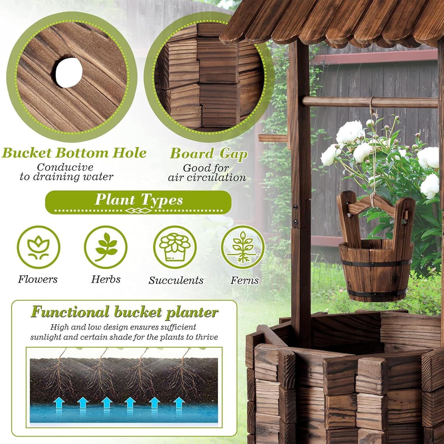 Aoxun Wooden Wishing Well Planter with Hanging Bucket for Flower and Plants, Planter Indoor and Outdoor, Home Decor for Patio Garden, Brown