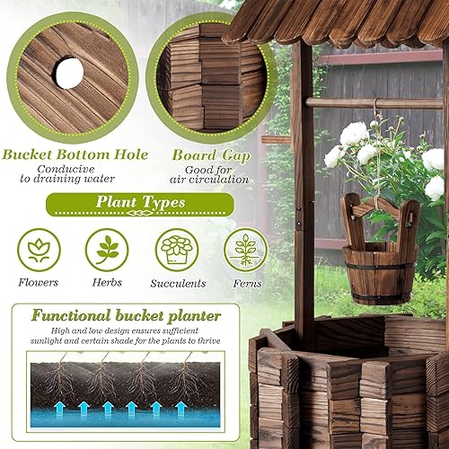 Miniatura 4 de Aoxun Maceta de Pozo de los Deseos de Madera con Cubo Colgante para Flores y Plantas, Maceta Interior y Exterior, Decoración para el Hogar para