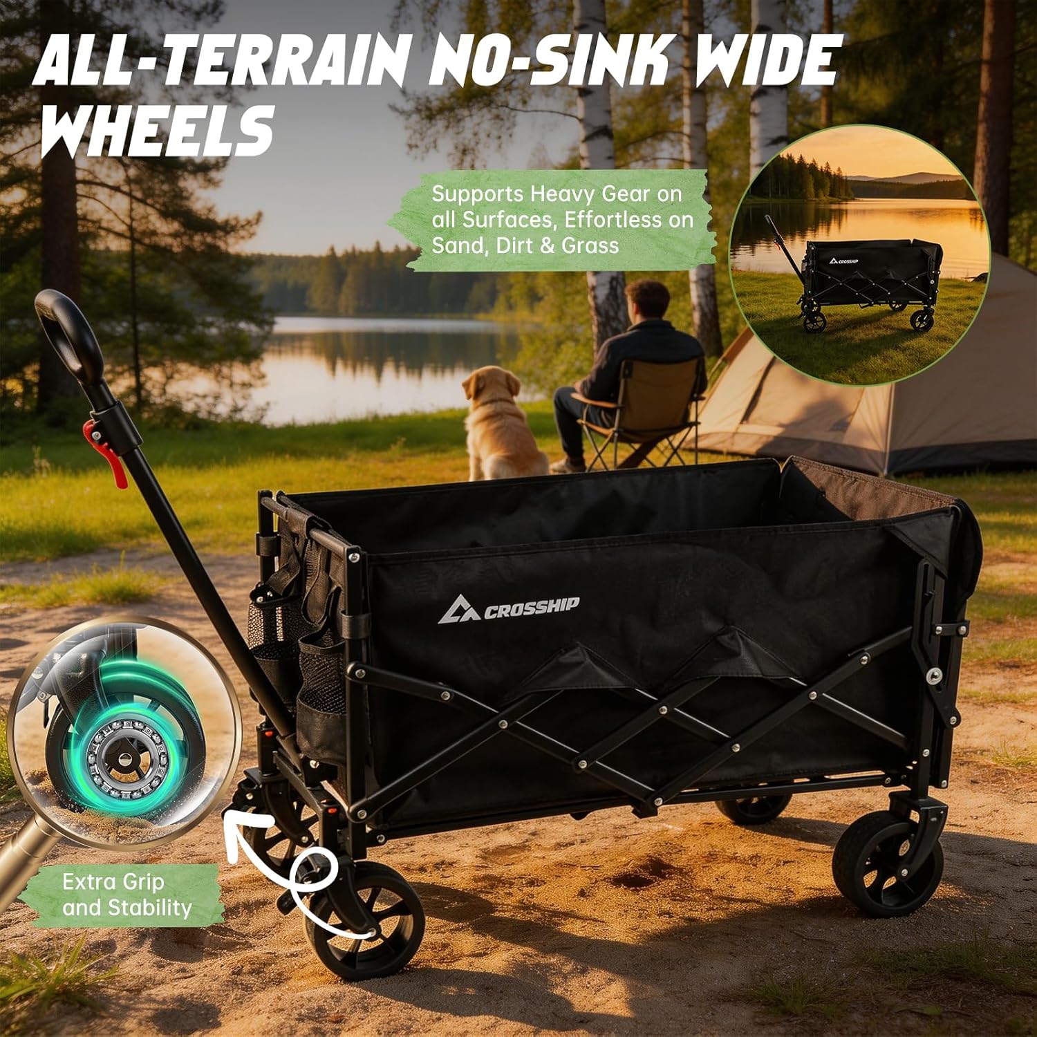 Collapsible Wagon Cart with Drop-Down Tailgate, 150L Heavy Duty Foldable Garden Cart 330 lbs Capacity, All-Terrain Wheels Utility Wagon for Beach, Camping, Long Items & Pet Transport