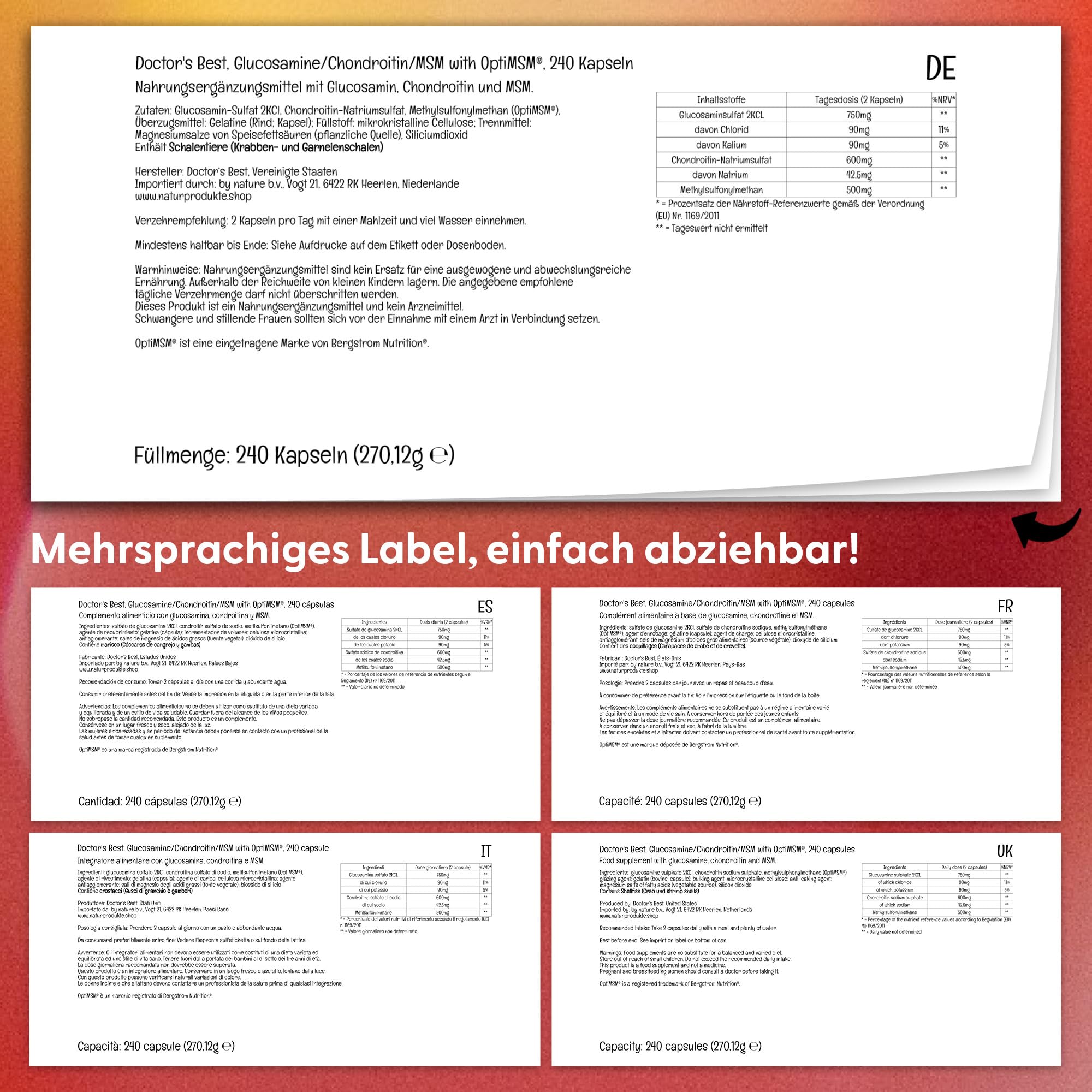 Doctor's Best, Glucosamin-Chondroitin MSM, mit OptiMSM, 240 Kapseln, Laborgeprüft, Sojafrei, Glutenfrei, Ohne Gentechnik