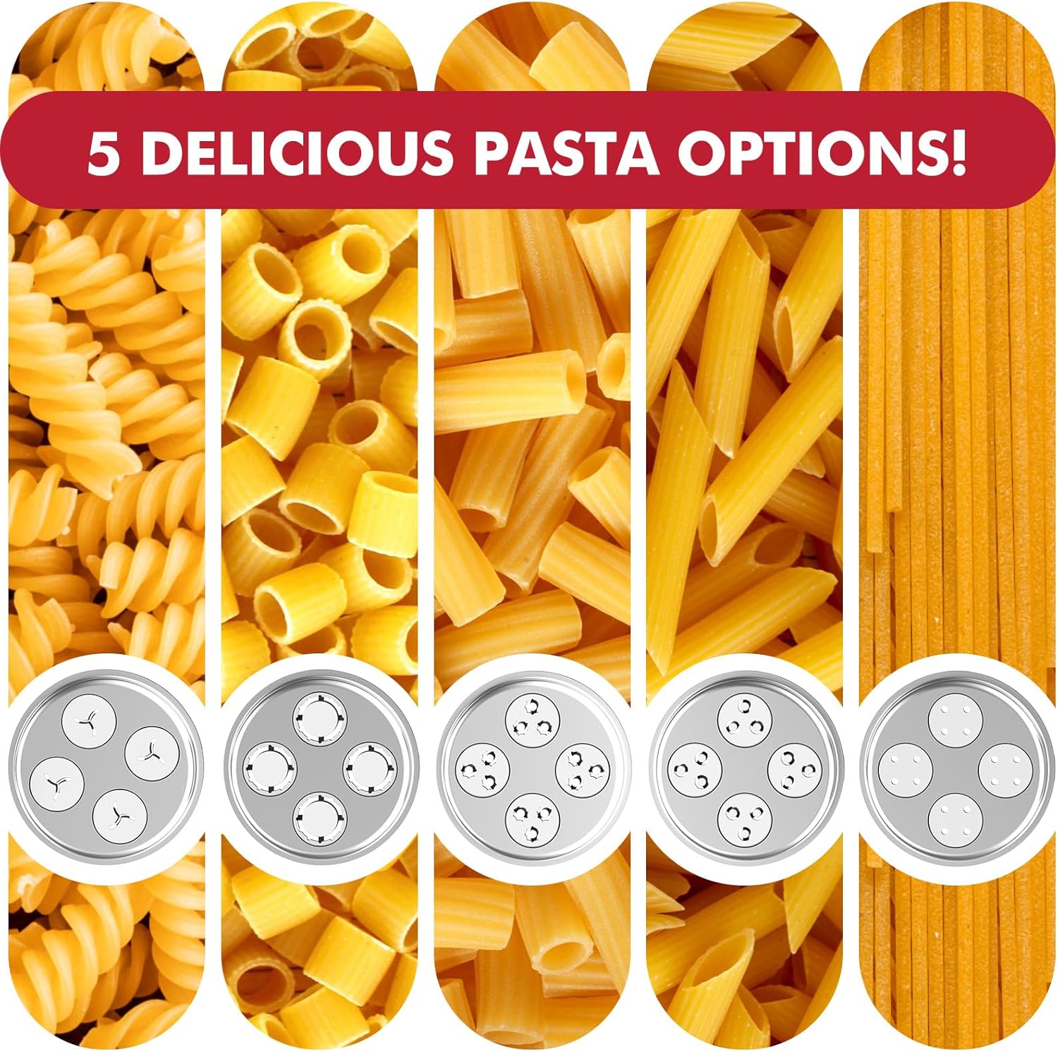 Pasta Attachment for Kitchenaid Stand Mixer, Gourmet Pasta Attachments for Kitchenaid Mixer With 5 Plates for Spaghetti, Bucatini, Fusilli, Macaroni, Pasta Maker Accessory By KassunKoch