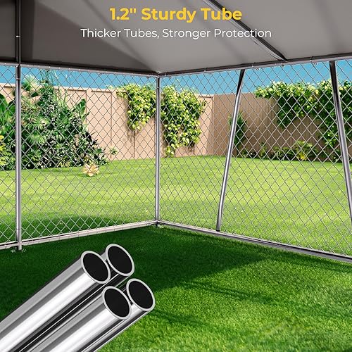 Miniatura 4 de Lyromix 10 x 10 pies Jaula grande para perros al aire libre con cuencos, Jaula para perros al aire libre con techo impermeable, Jaula de juegos para