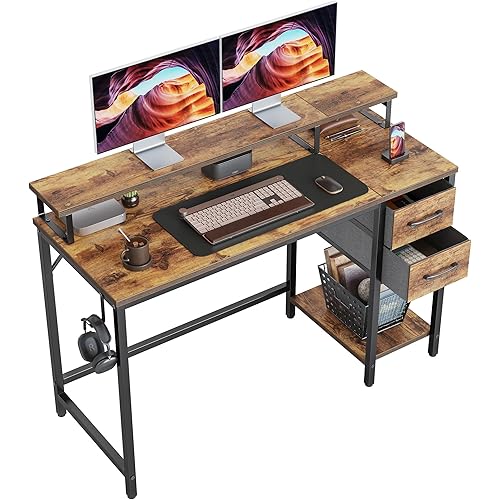 CubiCubi Computer Desk with Drawers, 47 Inch Reversible Office Desk with Monitor Stand and Storage Shelves, Work Writing Study Desk Table for Home, Rustic Brown