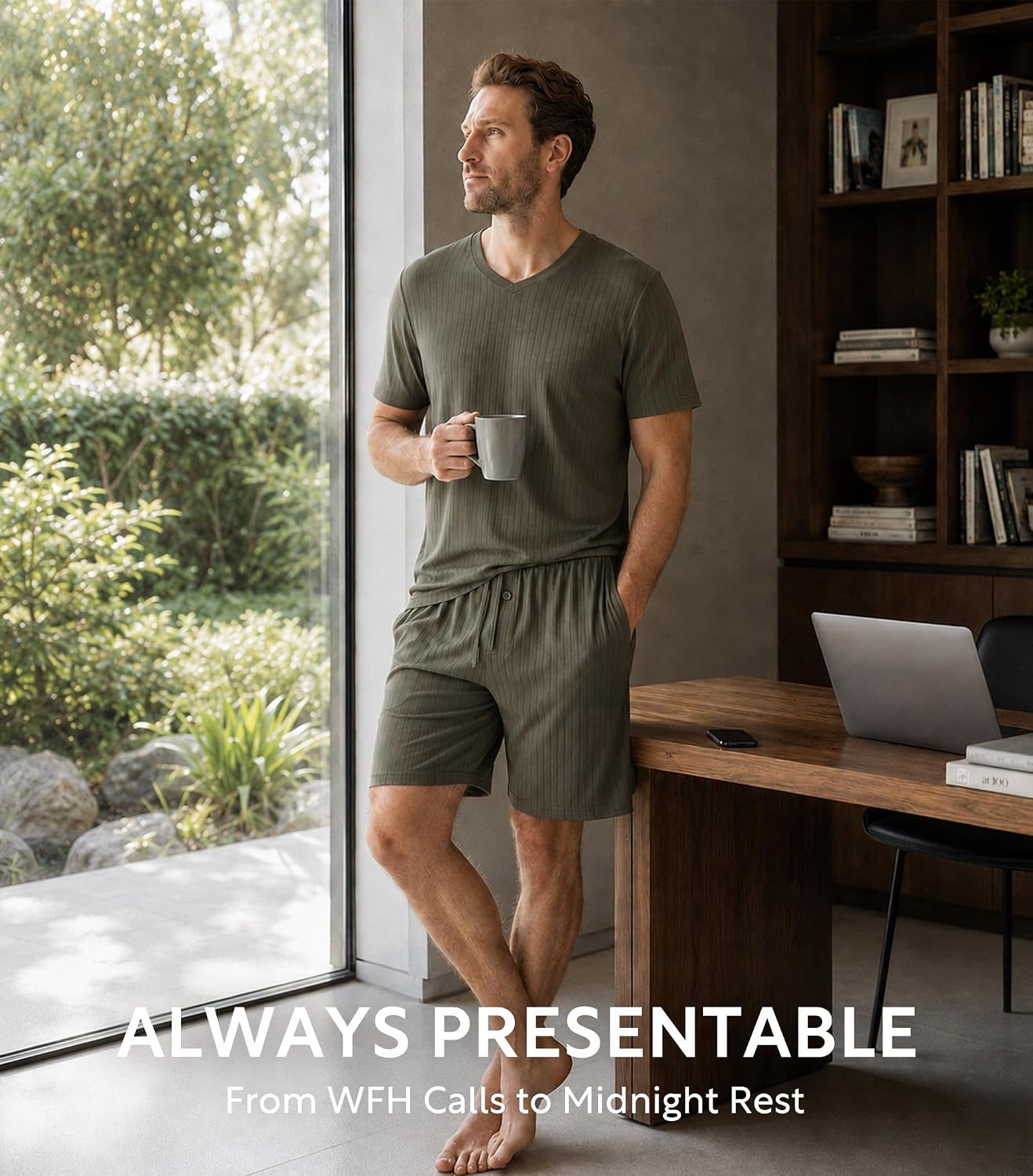 DAVID ARCHY Men's Pajamas Set Ultra Soft Modal Breathable Ribbed Short Sleeve Sleepwear 2 Piece Lounge PJs with Pockets
