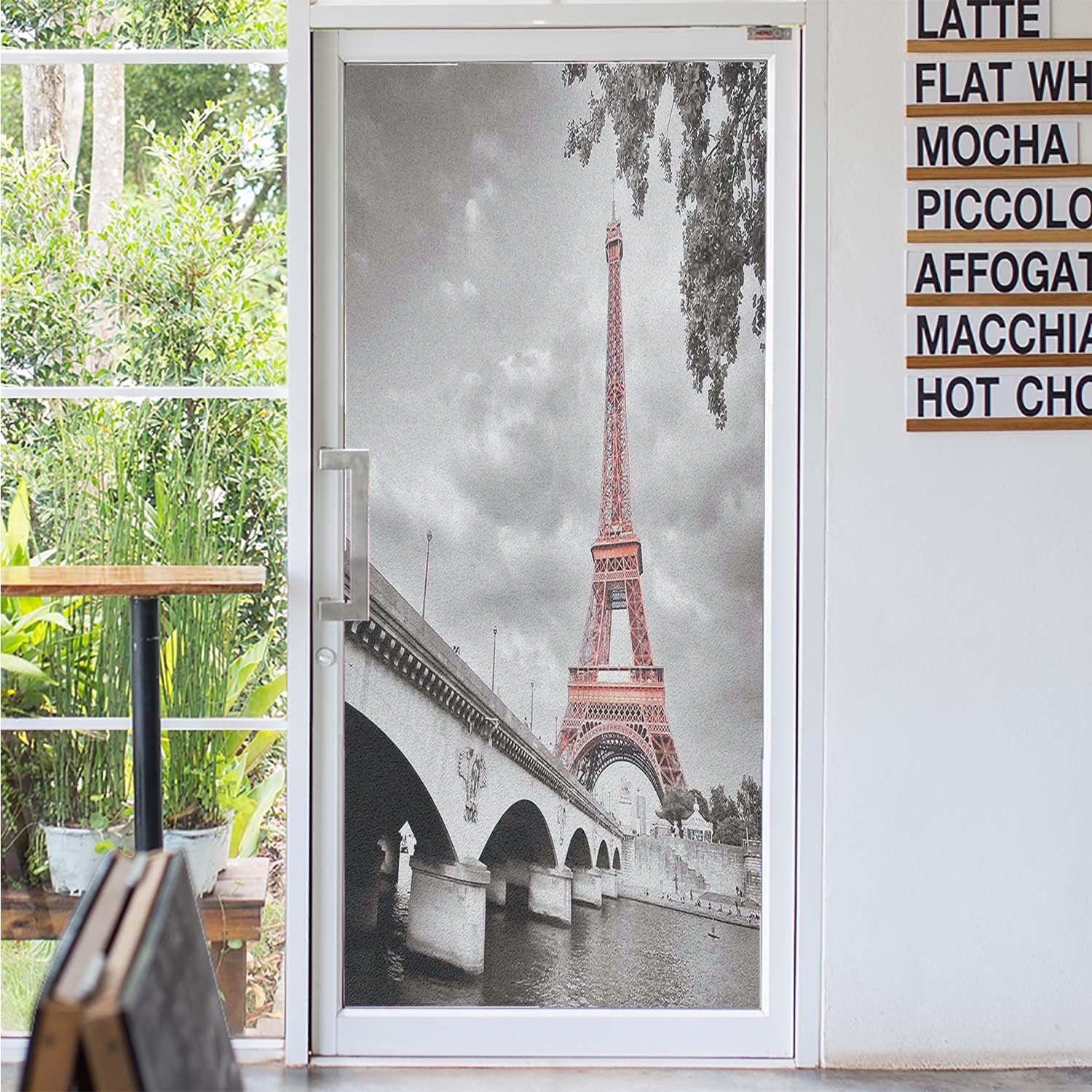 Paris Pattern Window Privacy Film - Eiffel Tower Bridge Capital City Cloudscape Monochrome Style Picture Print Home Decor, 35.4 x 78.7inch Dimgray Salmon