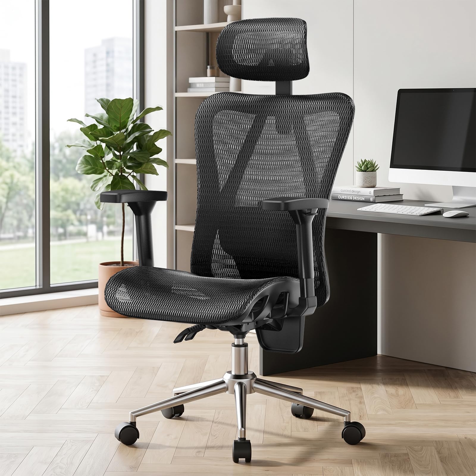 naspaluro Ergonomischer Bürostuhl, Schreibtischsessel mit Kopfstütze, 3-stufig Verstellbarer Rückenlehne, Stabiler Drehstuhl bis 150kg belastbar, Computerstuhl für Büro und Homeoffice, Schwarz