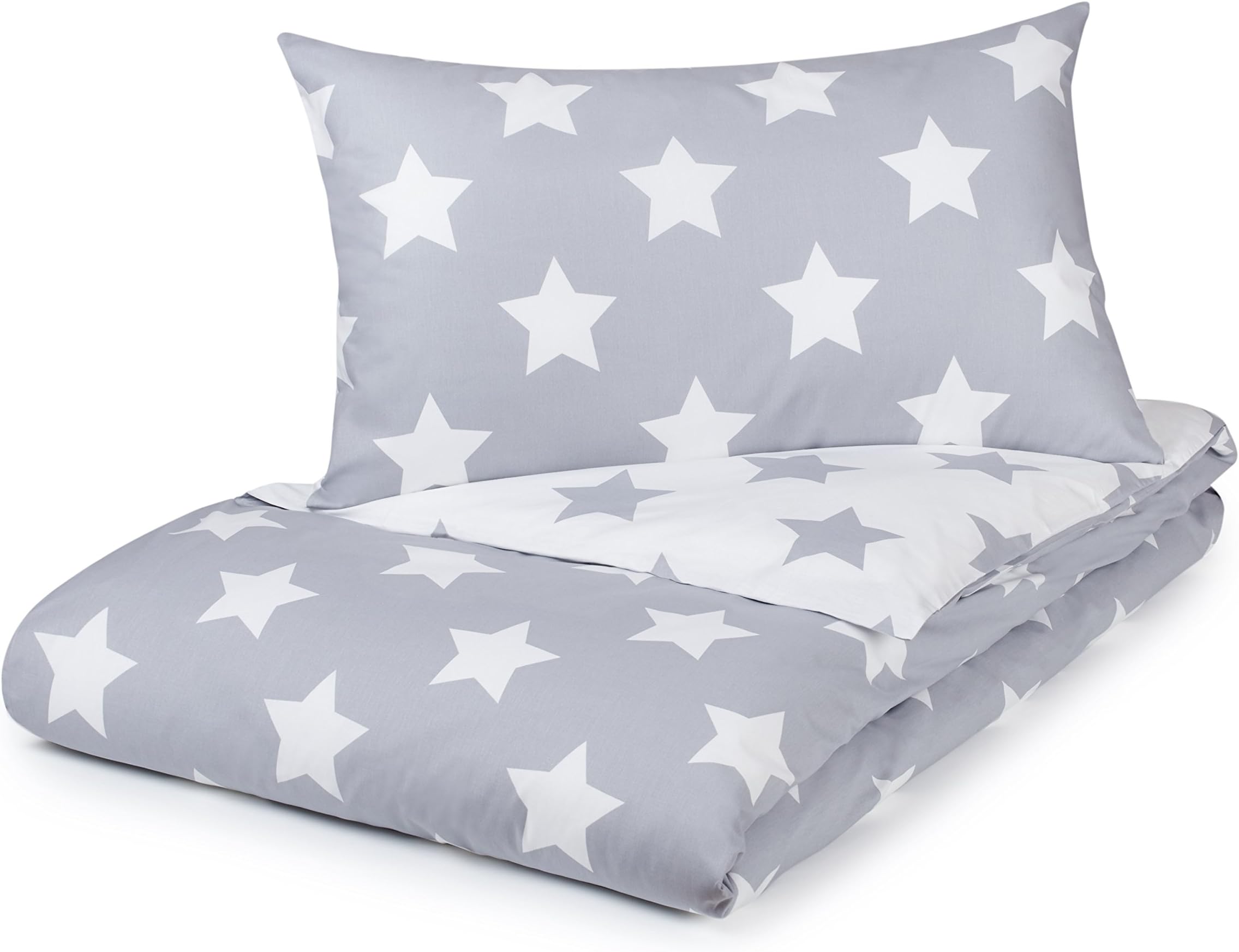 Pixie and Jack Single Duvet Cover Set, Silver Grey with White Stars