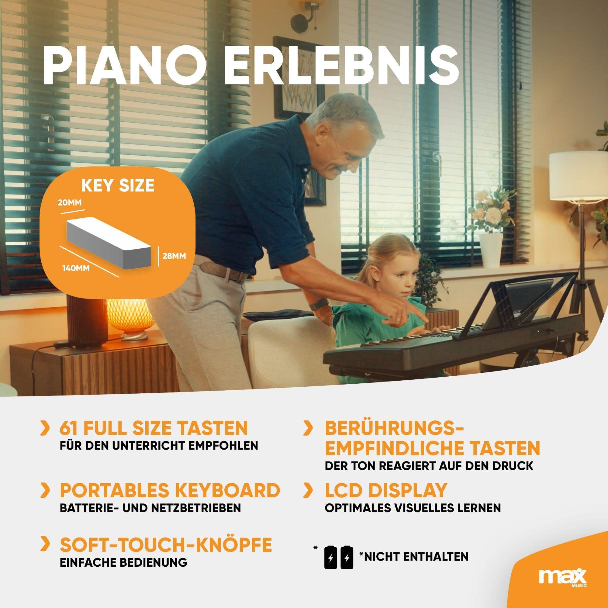 MAX Rhapsody61M Teclado Piano eléctrico de 61 teclas, con auriculares, soporte para teclado y banqueta, 600 sonidos, respuesta táctil, MP3 USB, pantalla, función de aprendizaje, MIDI y AUX