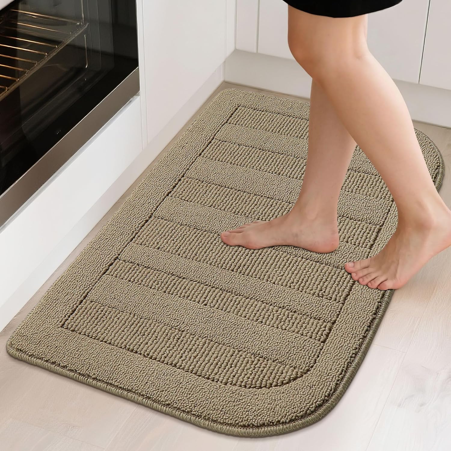 BEQHAUSE 24x36 Inch Kitchen Rug Mat Durable Kitchen Rugs Non-Slip Washable Absorbent Kitchen Mats for Floor Dirt-Resistant Semicircular Kitchen Mat (Beige)