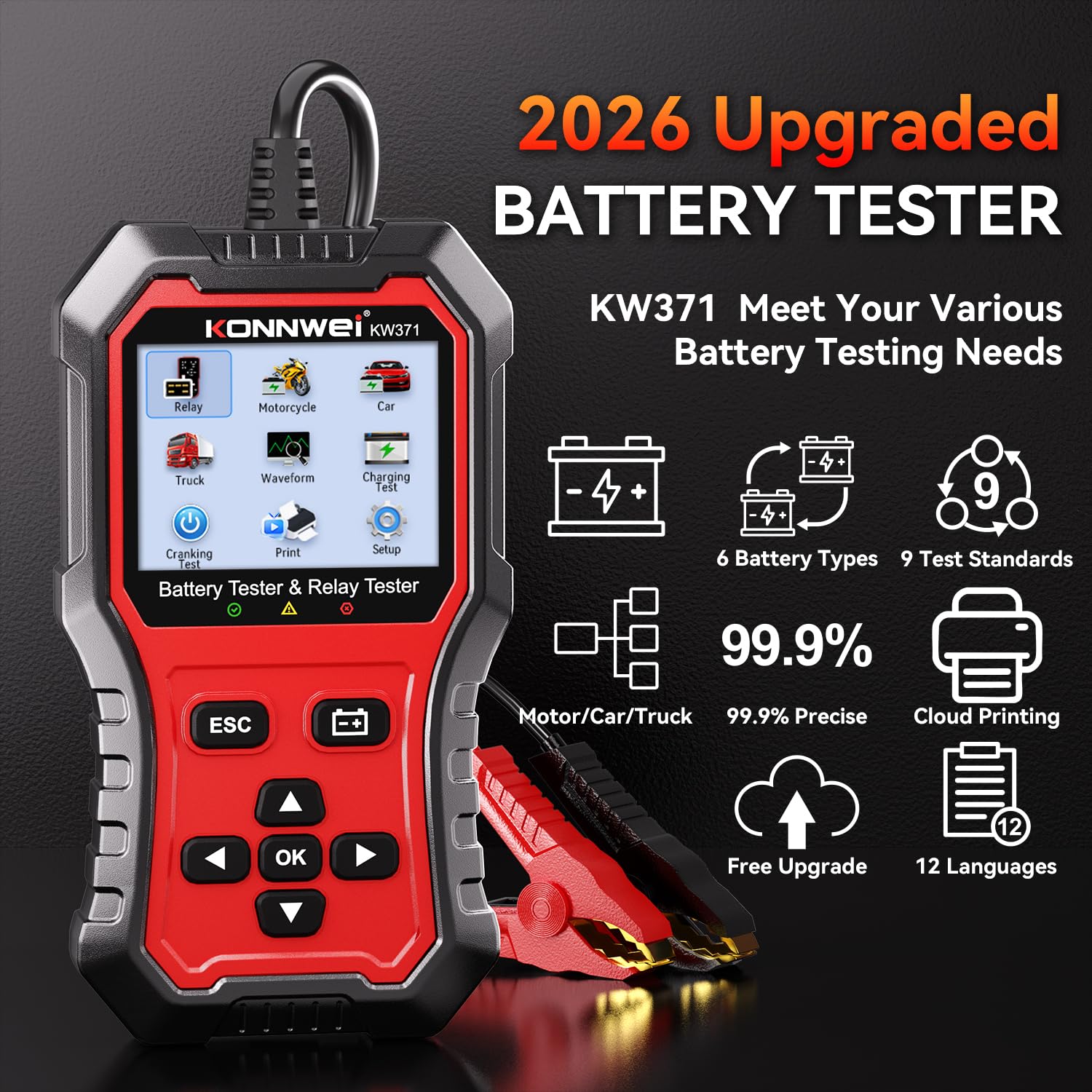 KONNWEI KW371 Autobatterie Tester 6V 12V 24V, Batterieprüfer 100-3000 CCA für AGM EFB GEL Lithium Batterien, KFZ Batterietester mit Anlasser- & Ladesystemtest, Cloud-Bericht für PKW LKW Motorrad