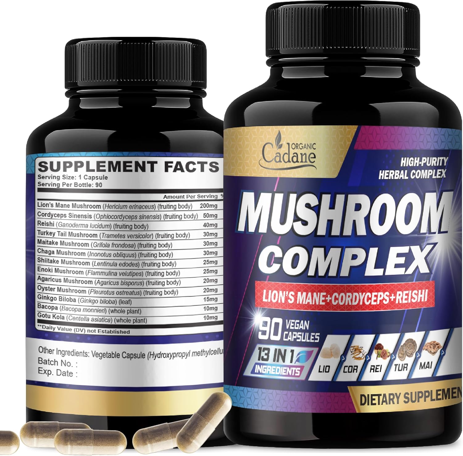 Organic Cadane Mushroom Complex Supplements for 3-Month Supply - 13in1 Lions Mane, Cordyceps Sinensis, Reishi, Turkey Tail Mushroom, Maitake, Chaga, Shiitake, Enoki, and More - 90 Vegan Capsules
