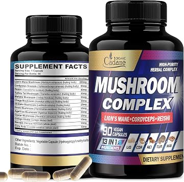 Organic Cadane Mushroom Complex Supplements for 3-Month Supply - 13in1 Lions Mane, Cordyceps Sinensis, Reishi, Turkey Tail Mushroom, Maitake, Chaga, Shiitake, Enoki, and More - 90 Vegan Capsules