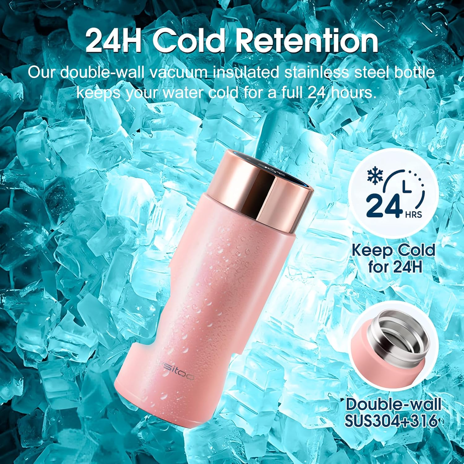 Vsitoo Smart self cleaning Insulated Water Bottle, 8.5oz Stainless Steel Vacuum Flask, AI Self-Clean, 30-Day Battery Life, BPA-Free, Magnetic Charging, Portable Travel Mug Gifts for Men Women, Pink - Image 6