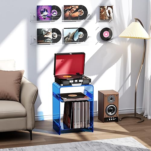 Miniatura 91 de Mesa de tocadiscos de acrílico con estante de almacenamiento, mesa auxiliar transparente (naranja, grande) Naranja,Negro -,Claro,Azul