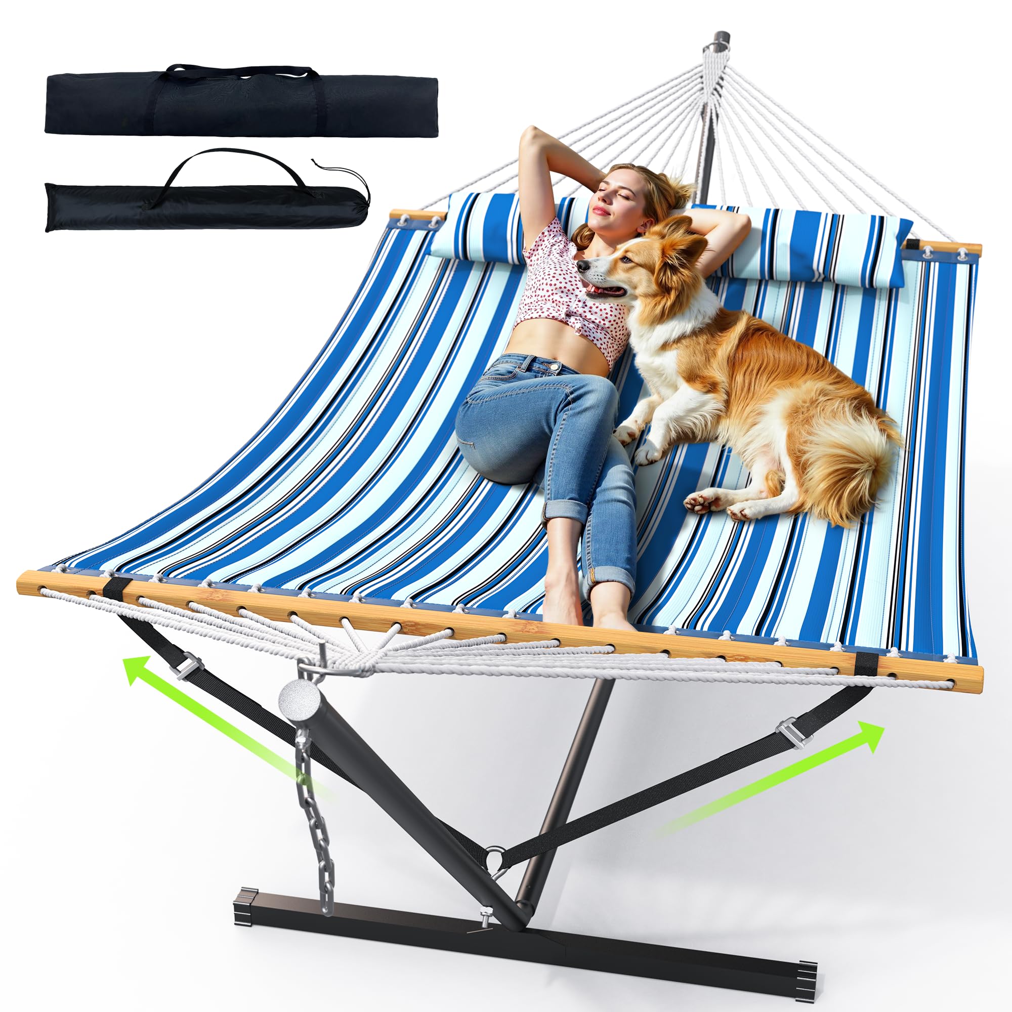 ANAGOO Double Hammock with Stand for Outdoor Heavy Duty Portable Hammock with Adjustable Steel Stand for Patio Garden