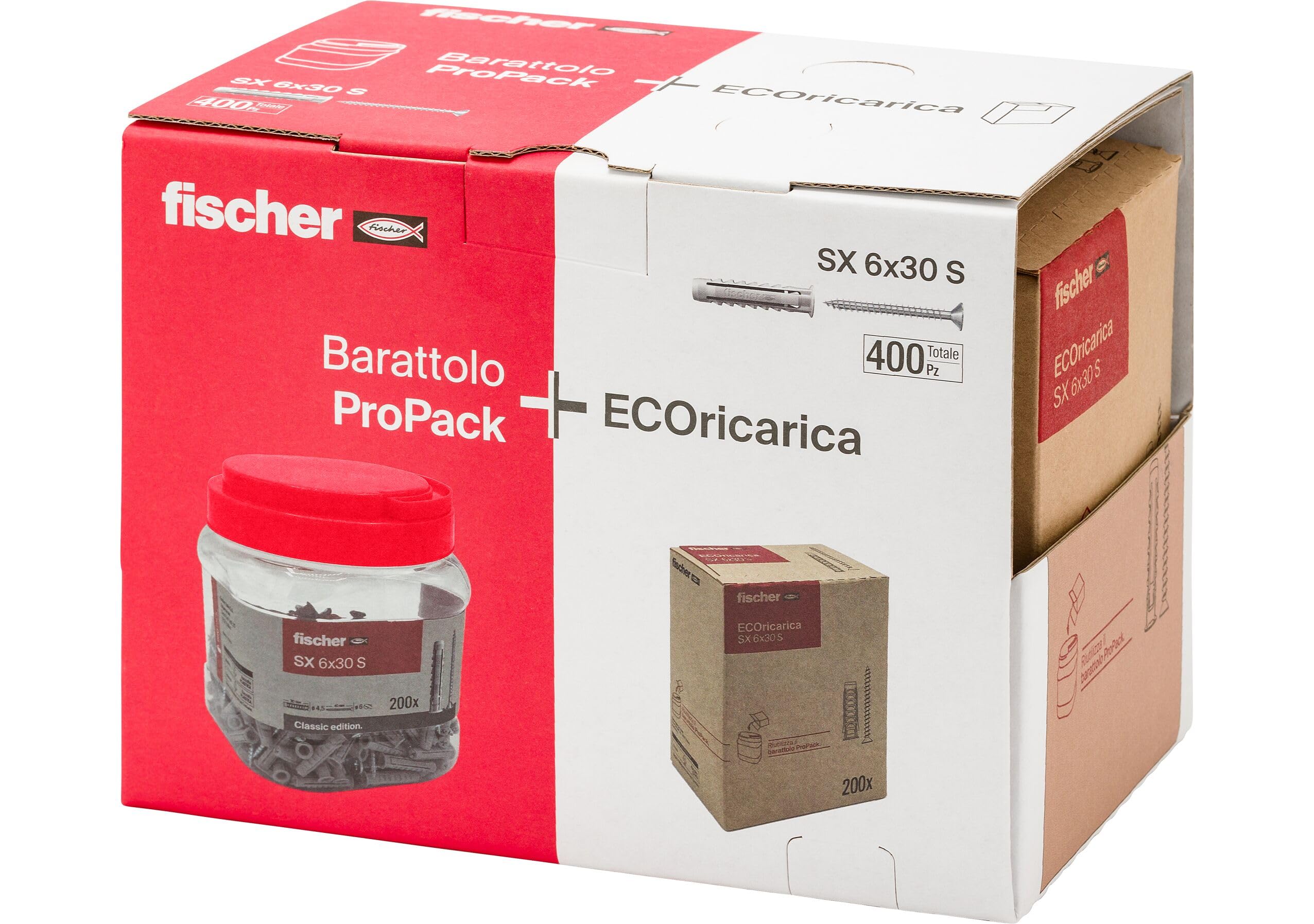 Fischer 400 tacos SX 6 x 30 con tornillo, pack con bote + ECORECARGA