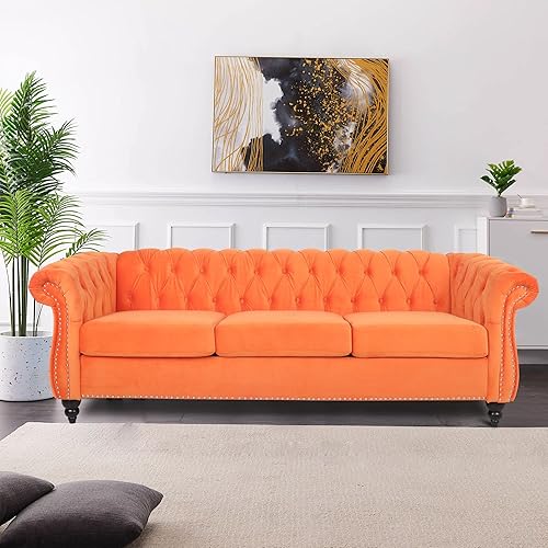 LEVNARY Sofá Chesterfield de terciopelo, sofá tapizado clásico copetudo, moderno de 3 plazas, muebles largos con respaldo copetudo para sala de