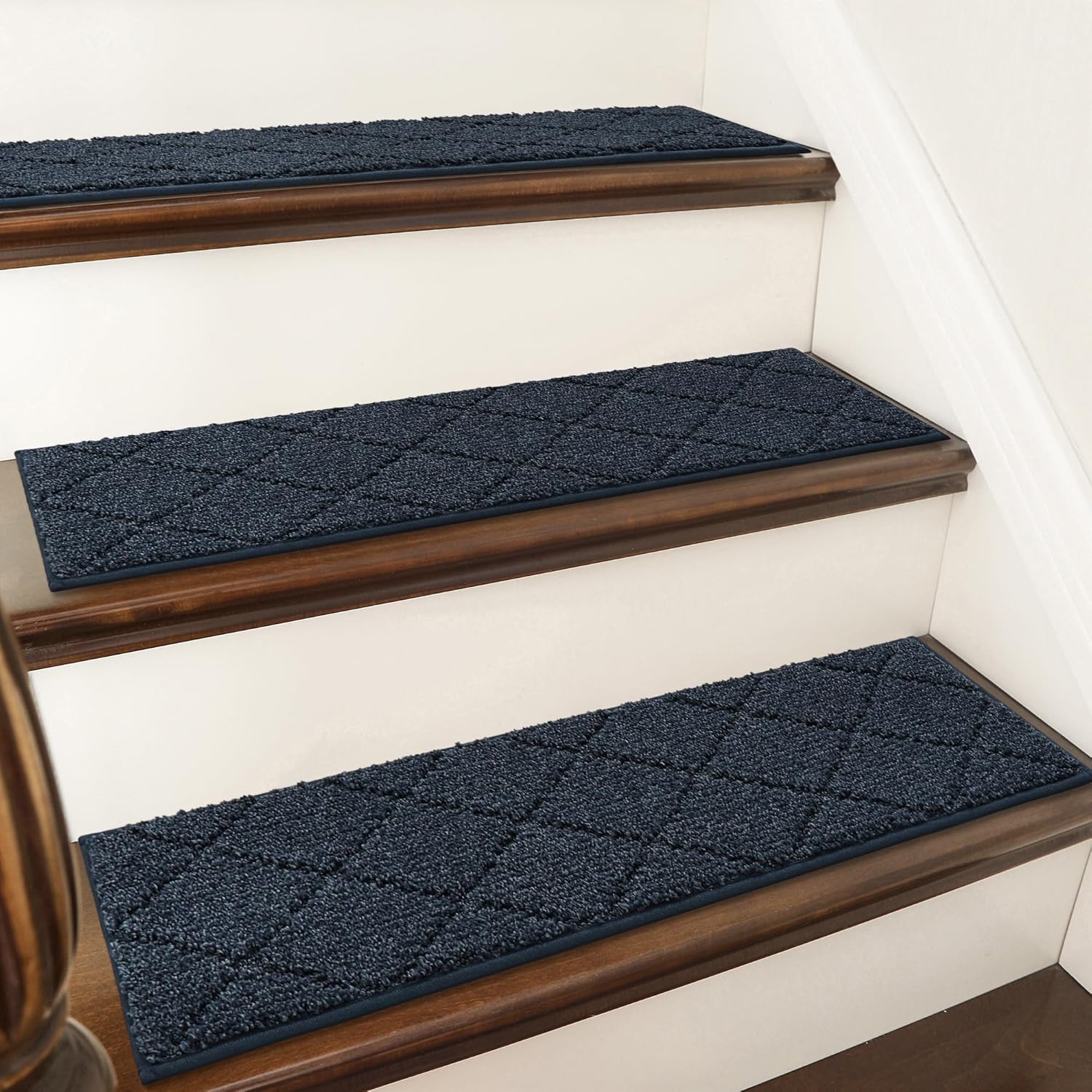 COSY HOMEER Edging Stair Treads Non-Slip Carpet Mat 28inX9in Indoor Stair Runners for Wooden Steps, Edging Stair Rugs for Kids and Dogs, 100% Polyester TPE Backing (15pc, Navy) Navy 15pc