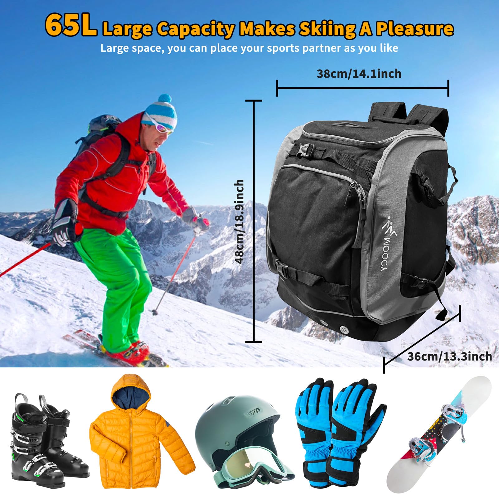 HENYEER Grand Sac à Chaussures de Ski 65 L, Sac à Dos de Sport Léger pour Ski, Camping, Alpinisme HENYEER Grand Sac à Chaussures de Ski 65 L, Sac à Dos de Sport Léger pour Ski, Camping, Alpinisme