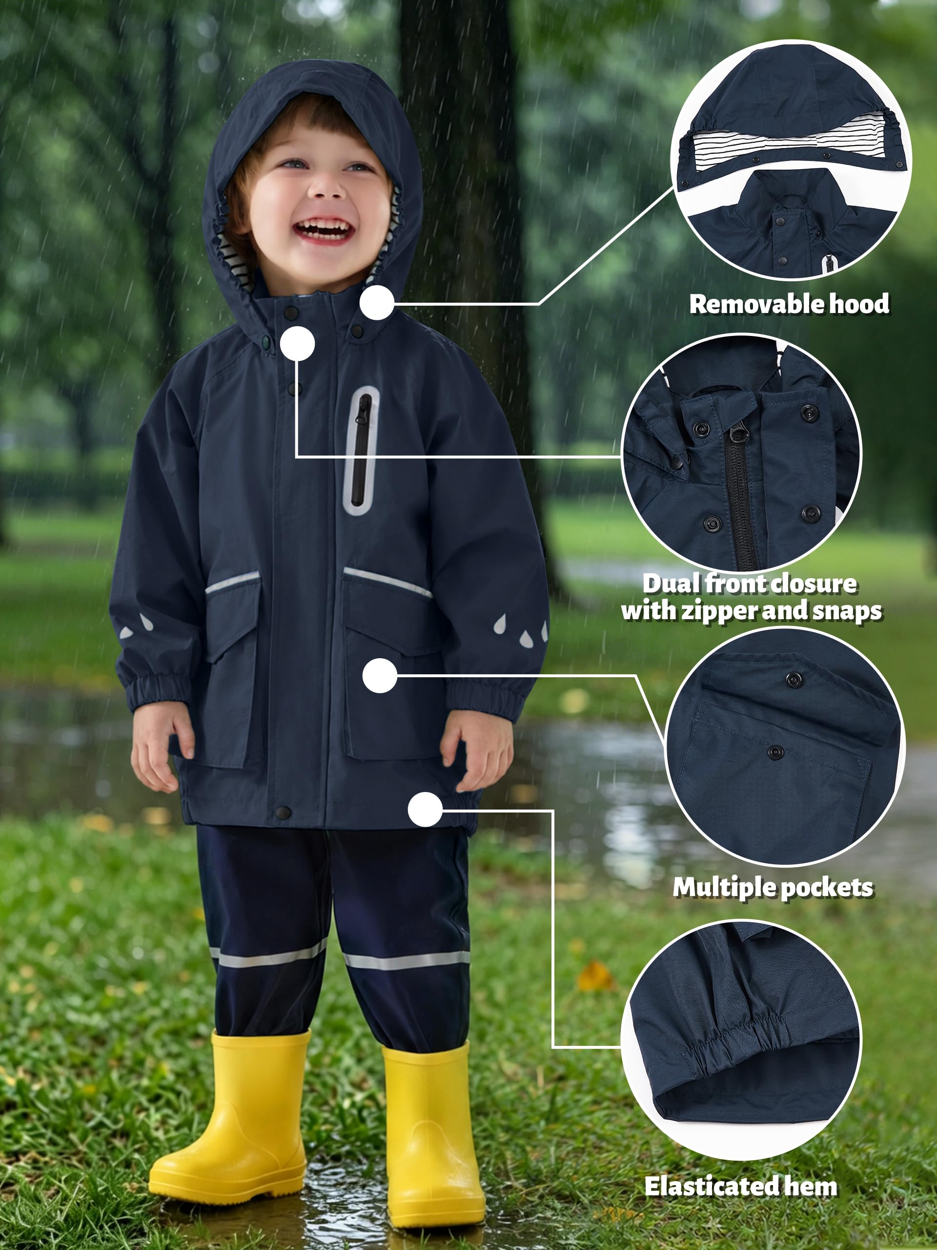 Volunboy Chubasquero Impermeable Infantil, Ligero Cortavientos, Gorro Desmontable, Bandas Reflectantes, Niña y Niño 2-6 Años