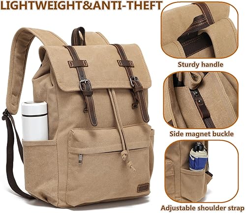 Miniatura 4 de Mochila vintage de lona, mochila de viaje para hombre, mochila casual para laptop, trabajo, viajes, senderismo (caqui), Oro