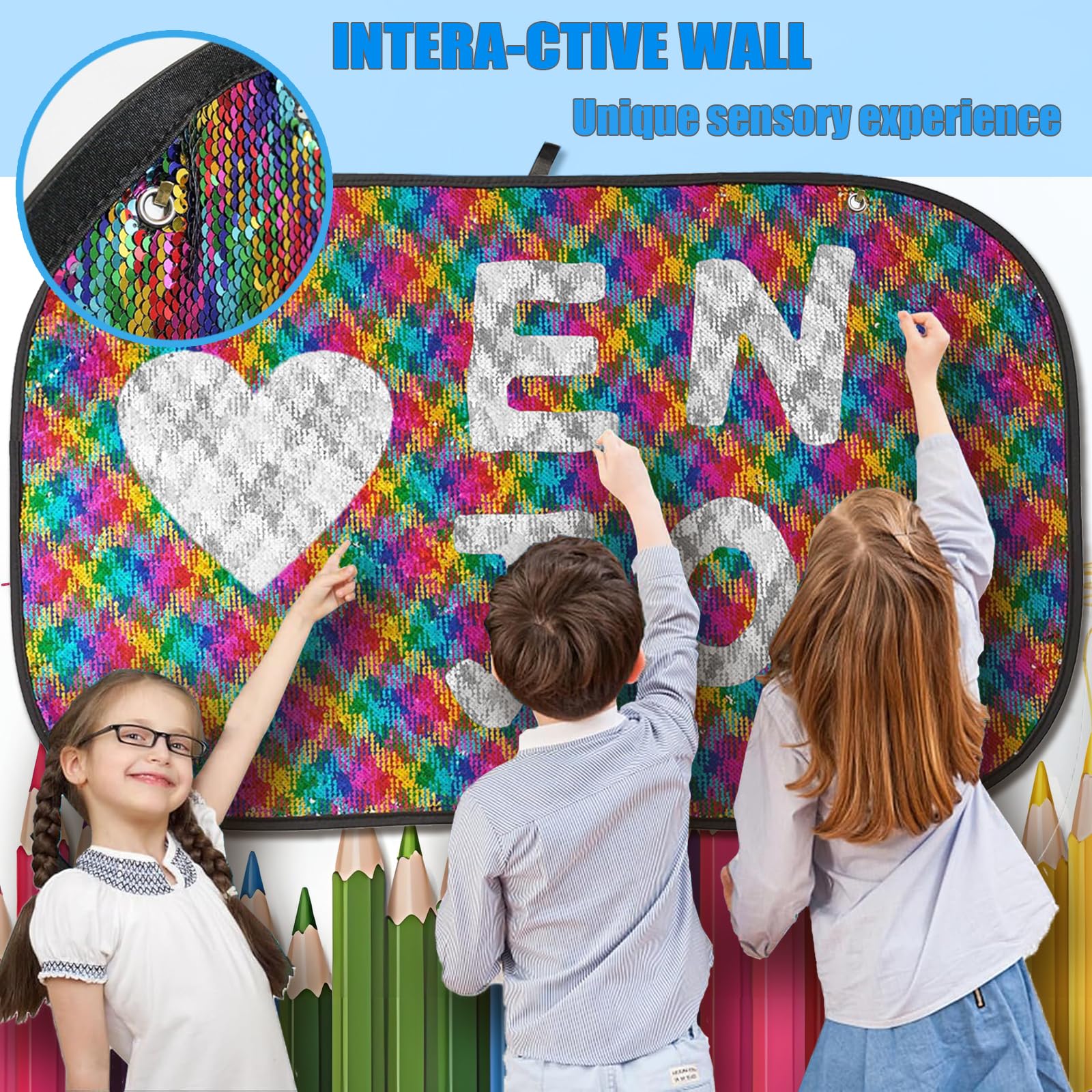 SZSMART Sensory Wall Panel Sensory Toys for Autism ADHD Sensory Mat Board with 6 Shape Stencils, Reversible Sequin Art for Kids Children Sensory-Room Play Classroom Decor DIY Decoration - Image 3
