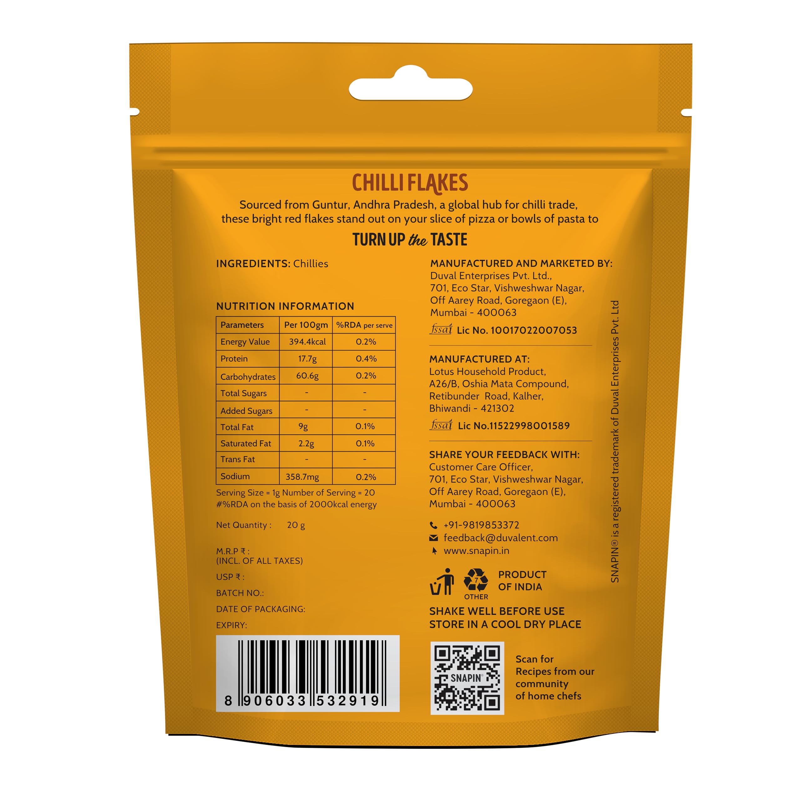 Snapin Chilli Flakes (2g*10 sachets) 20g Pouch - Image 2 thumbnail