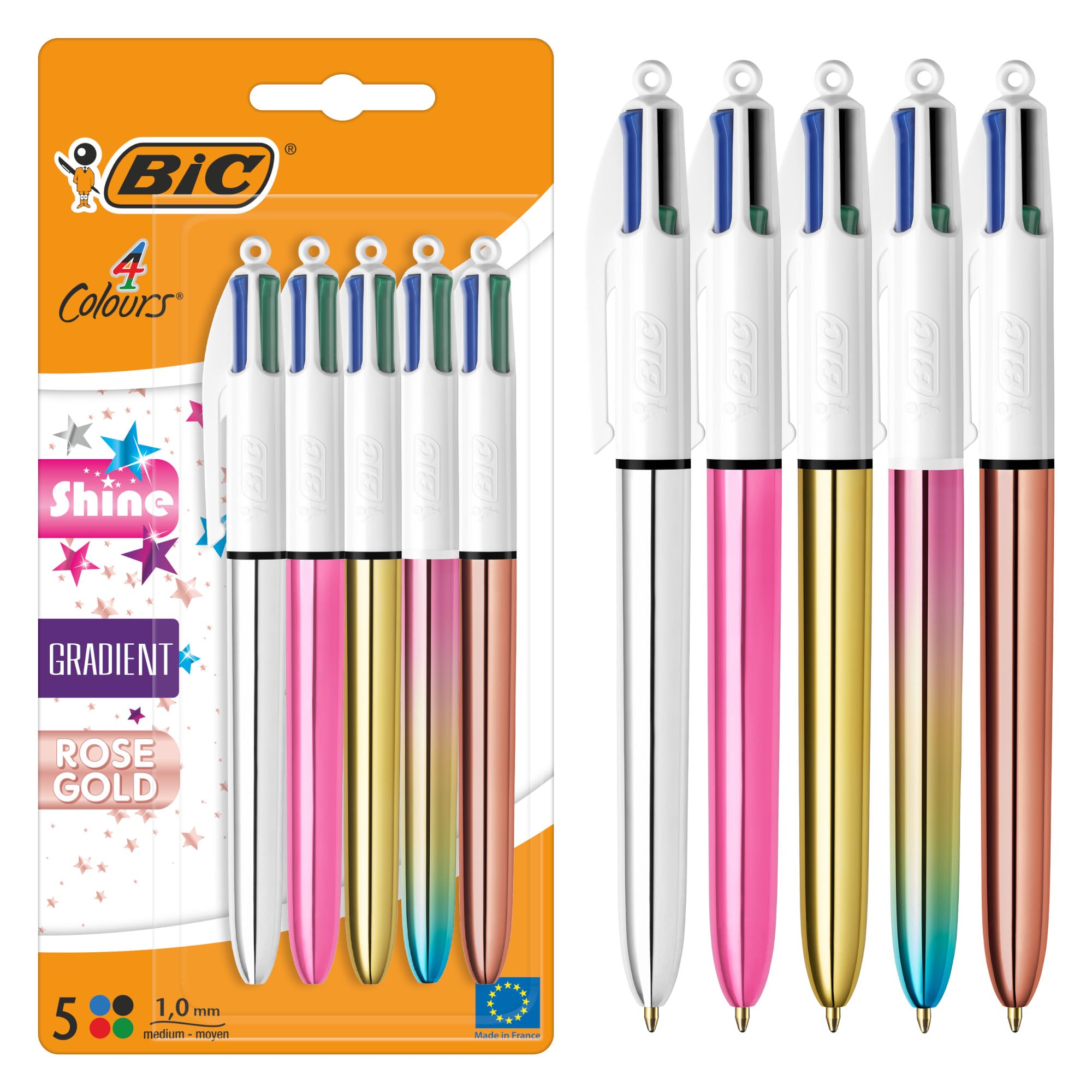 BiC Retractable Ballpoint Pens, 4 Bright & Gradient Colors, Medium Point (1.0mm) in Metallic Silver, Gold, Rose, Rose Gold and Pastel Gradient, 5-Pack