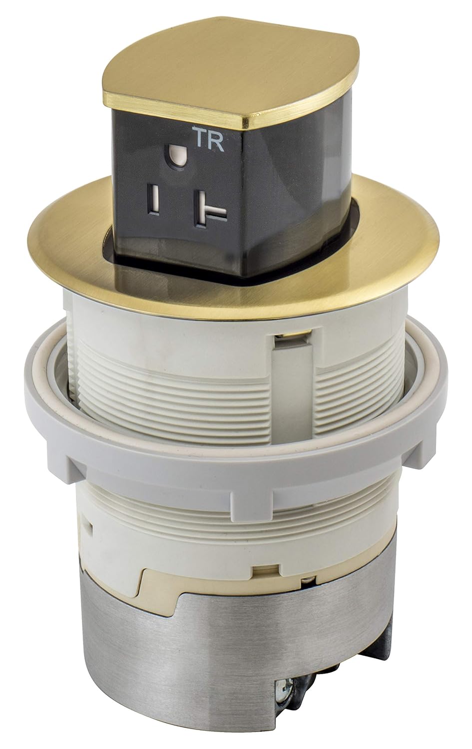 Side view of the Bryant Electric RCT220BR pop-up receptacle in its open position, showing the brushed brass top and the two black tamper-resistant outlets.