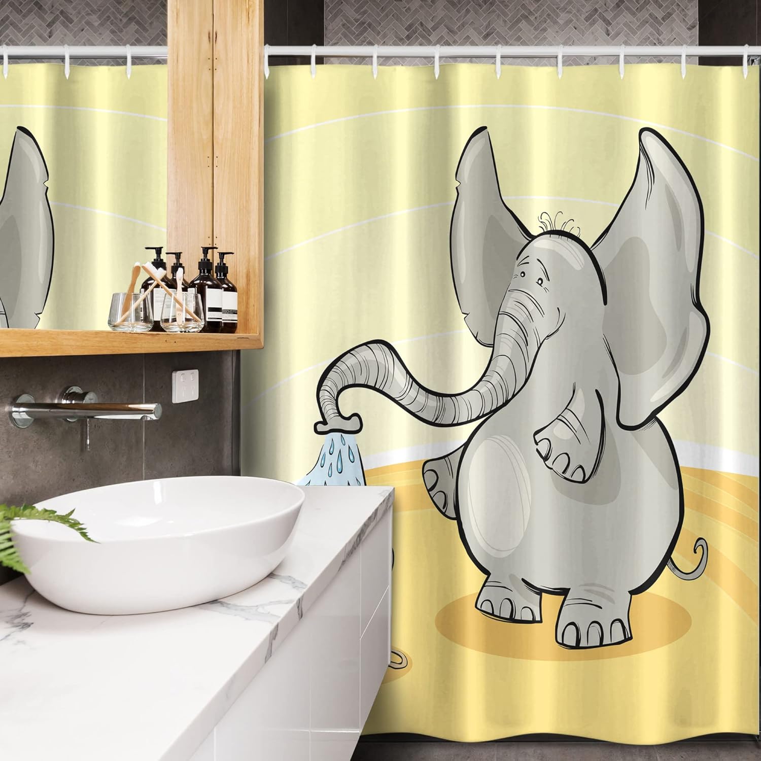 Ambesonne Animal Stall Shower Curtain, Funny Bathing Mouse Trunk in The Desert Cartoon Animal Print, Fabric Bathroom Decor Set with Hooks, 54" W x 78" L, Grey Yellow Cream