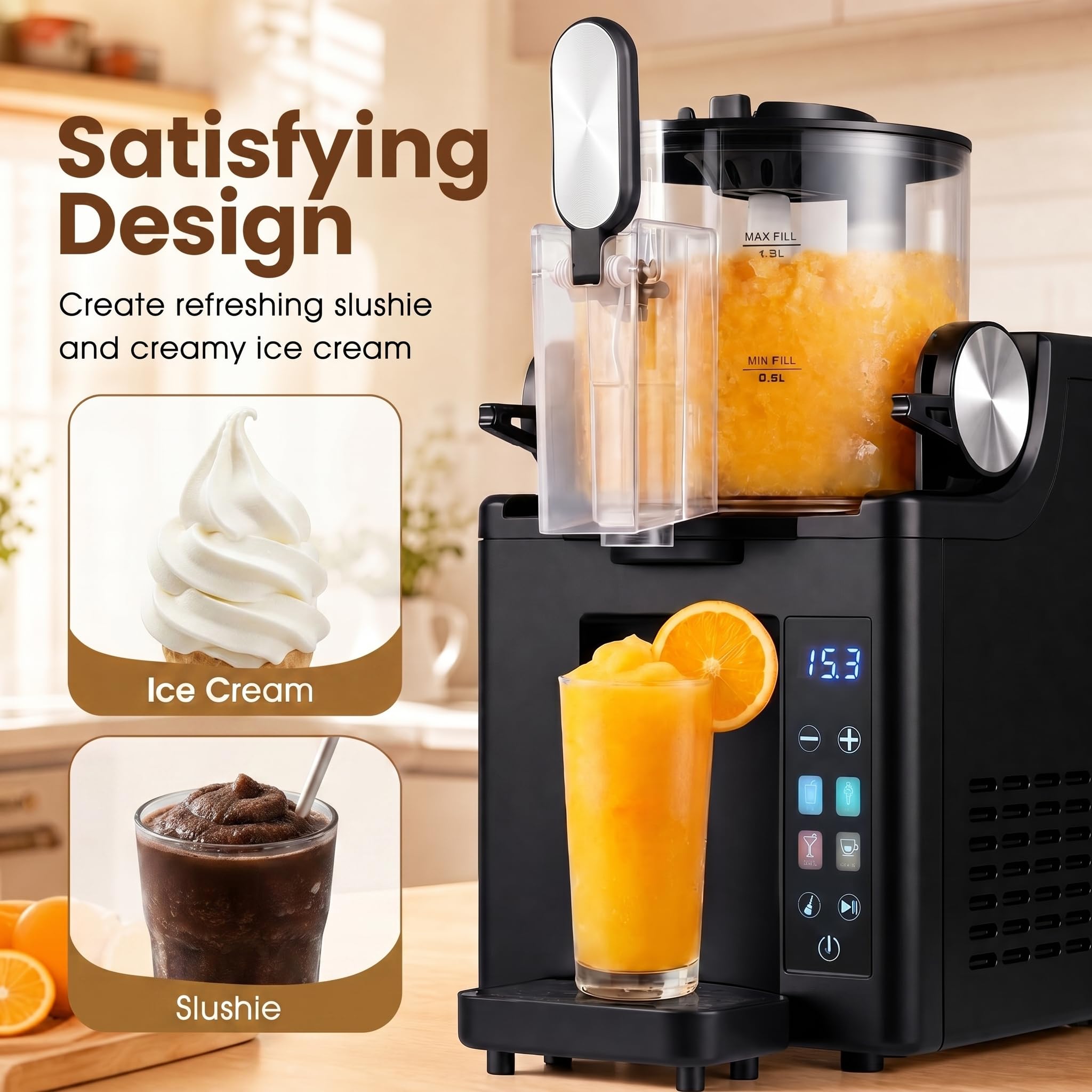 LIFEZEAL Maszyna do lodów typu slush, 1,5 L maszynka do lodów włoskich z 220 W kompresorem | Maszynka do lodów do slushies, koktajli, frappés i koktajli mlecznych, automatyczne czyszczenie, wyświetlacz LED, 4 programy