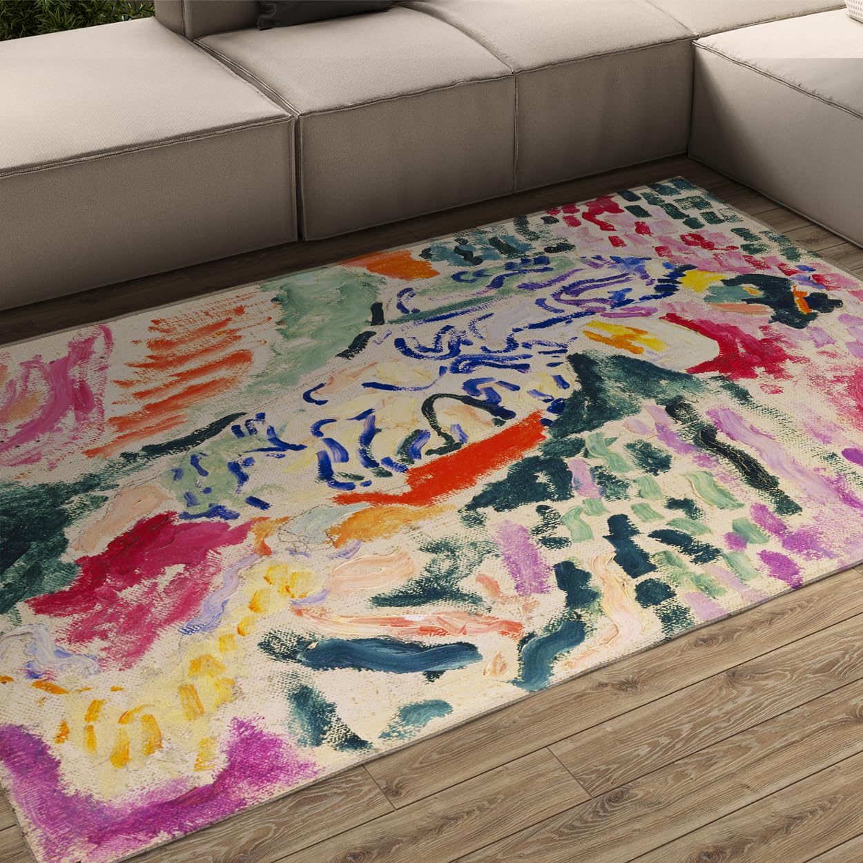 140x200 Waschbarer Teppich Großfläche für Eingang Kücheneingang Schlafzimmer Betttisch Foyer Abstrakter Pinselstriche rutschfest Innen Mid-Century Modern Fauvist bunt Wohnzimmer
