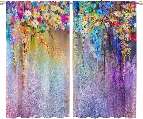 Miniatura 554 de Retro 70s Floral Blackout Window Curtains, Watercolor Flower Plant Rustic Modern Style Pattern Window Drapes, for Bedroom Living Room 42x45in 2