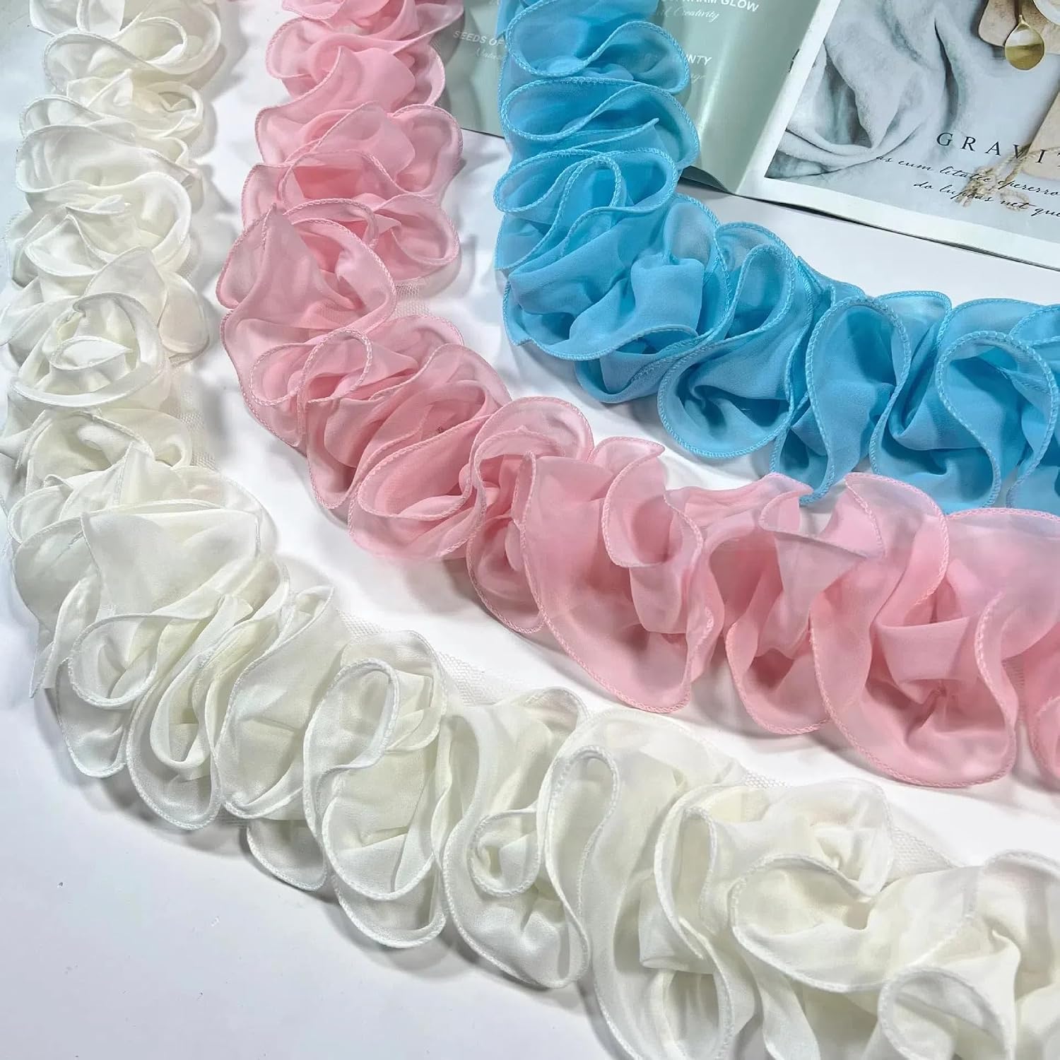 Yalulu 5 Yards 3D Pleated Chiffon Lace Trim Ribbon Fabric, Flower Trim Ruffle Lace Trim Applique Trimming Craft for Sewing Wedding Dress Decoration (Red)