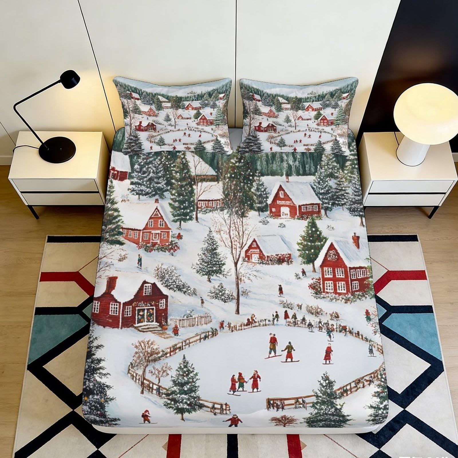 3D Printed Winter Village Fitted Sheet Microfiber Soft Durable Christmas Scene Mattress Cover for Bedroom Dormitory Guest Room Bed Protection 200x200x25cm