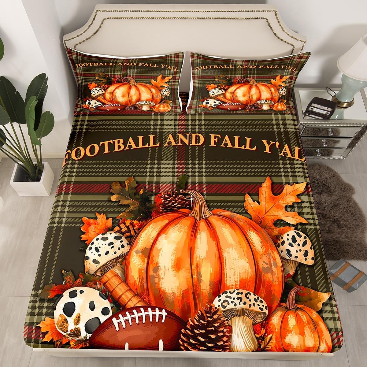 Erosebridal Fall Football Twin Bed Sheets, Autumn Leaves Pumpkin Bedding Set, Thanksgiving Harvest Theme Fitted Sheet Farmhouse Country Bedroom Decor, Buffalo Plaid Bed Set 3 Piece