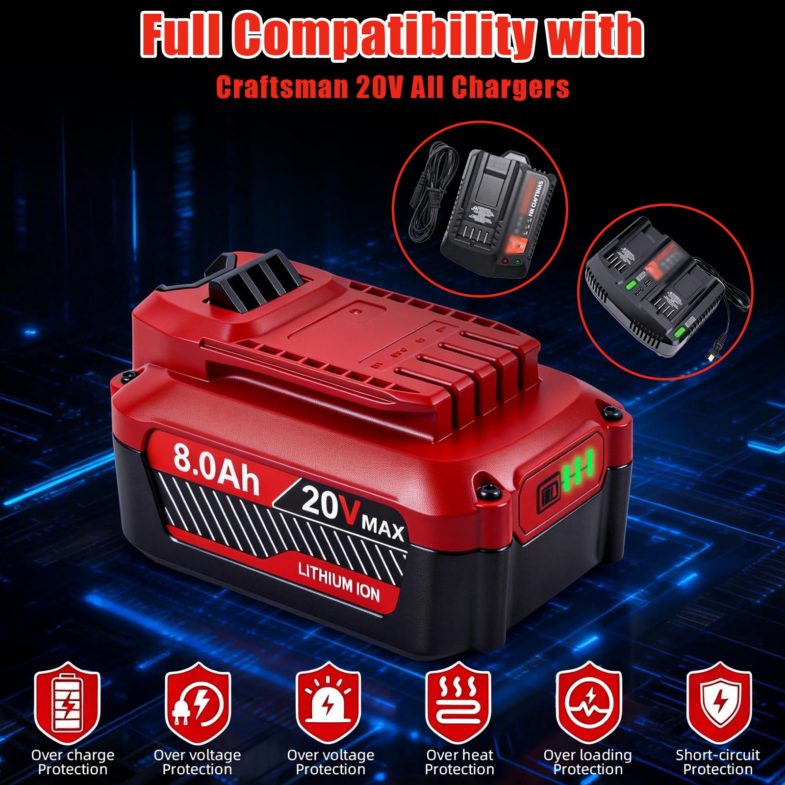 Upgrade 8.0Ah Replacement for Craftsman 20V Battery V20 Lithium ion Batteries Compatible with Craftsman 20 Volt Cordless Power Tools CMCB205 CMCB204 CMCB206 CMCB202 CMCB201B0GGGVH6WNB0GGGVH6WN,2Pack - 4